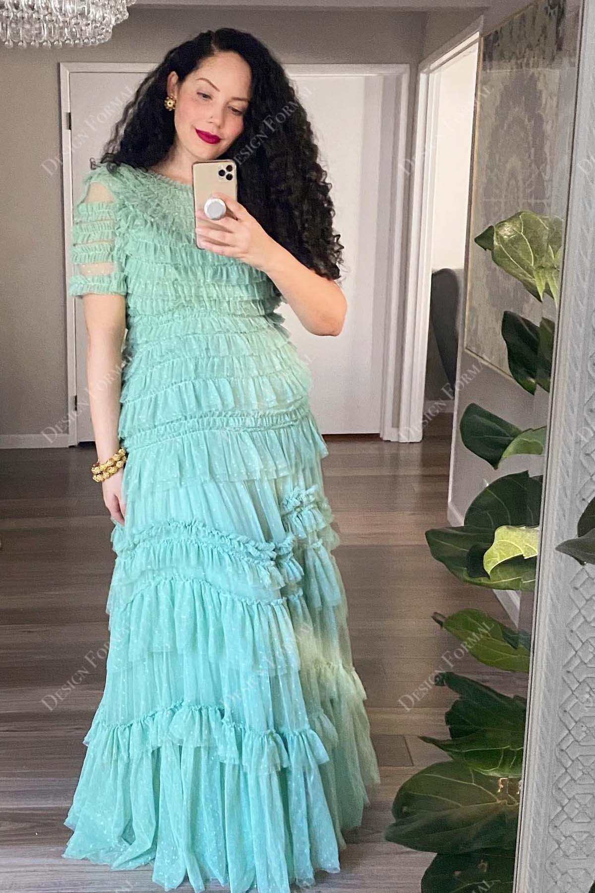 mint green illusion short sleeves tiered A-line floor length prom dress