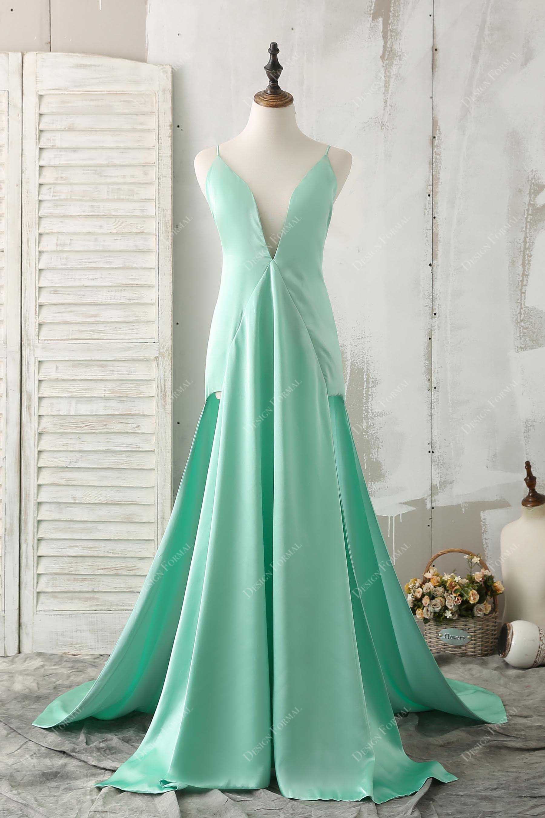Mint Satin Sexy Plunging Slits A-line Prom Dress
