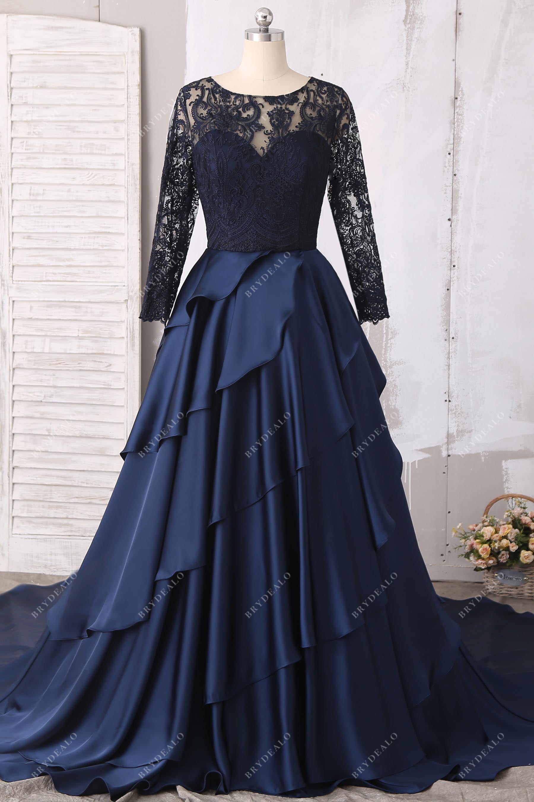 designer navy beaded lace ruffled satin ball gown wedding dress