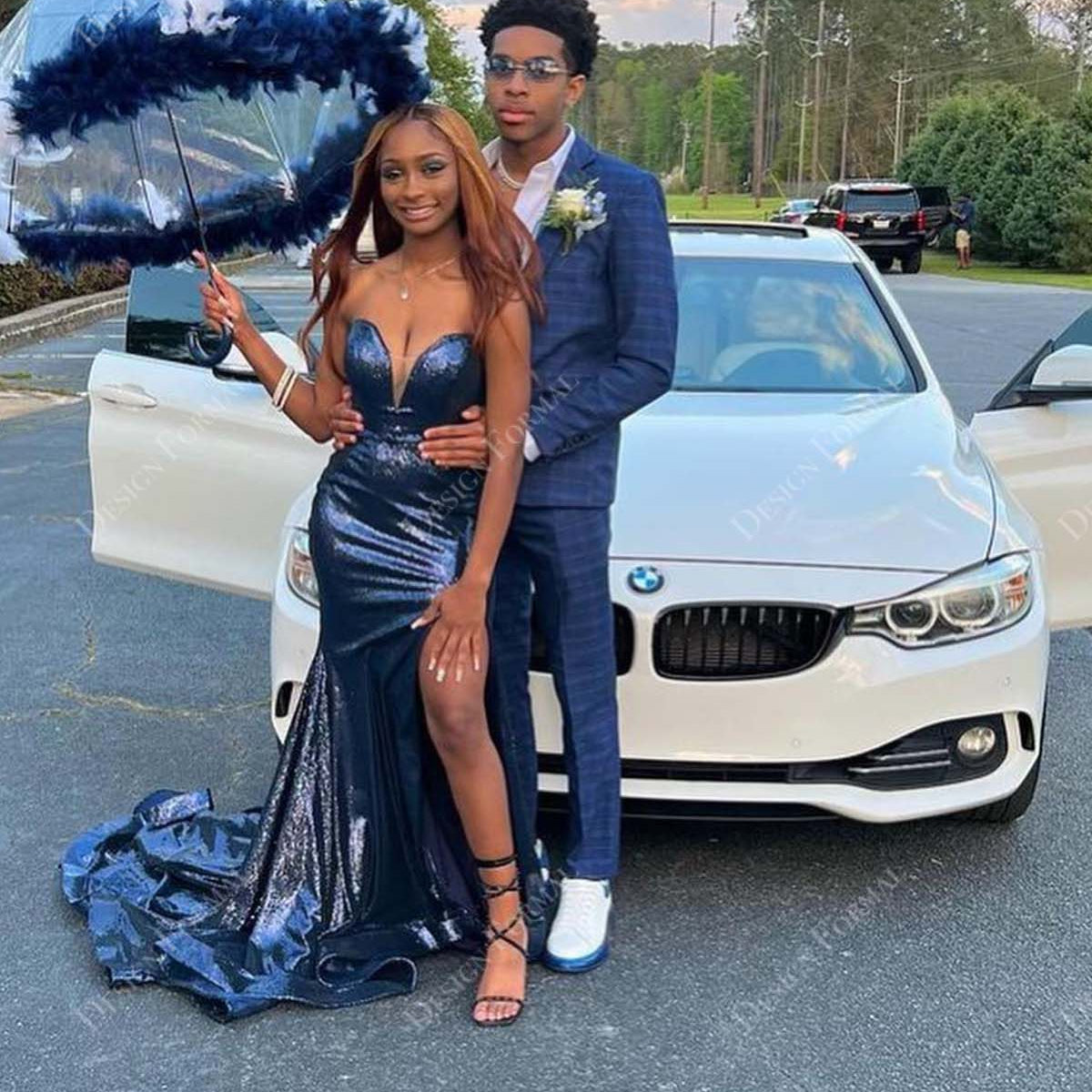Navy Glitter Strapless Plunging Slit Prom Dress Navy Glitter Strapless Plunging Slit Prom Dress