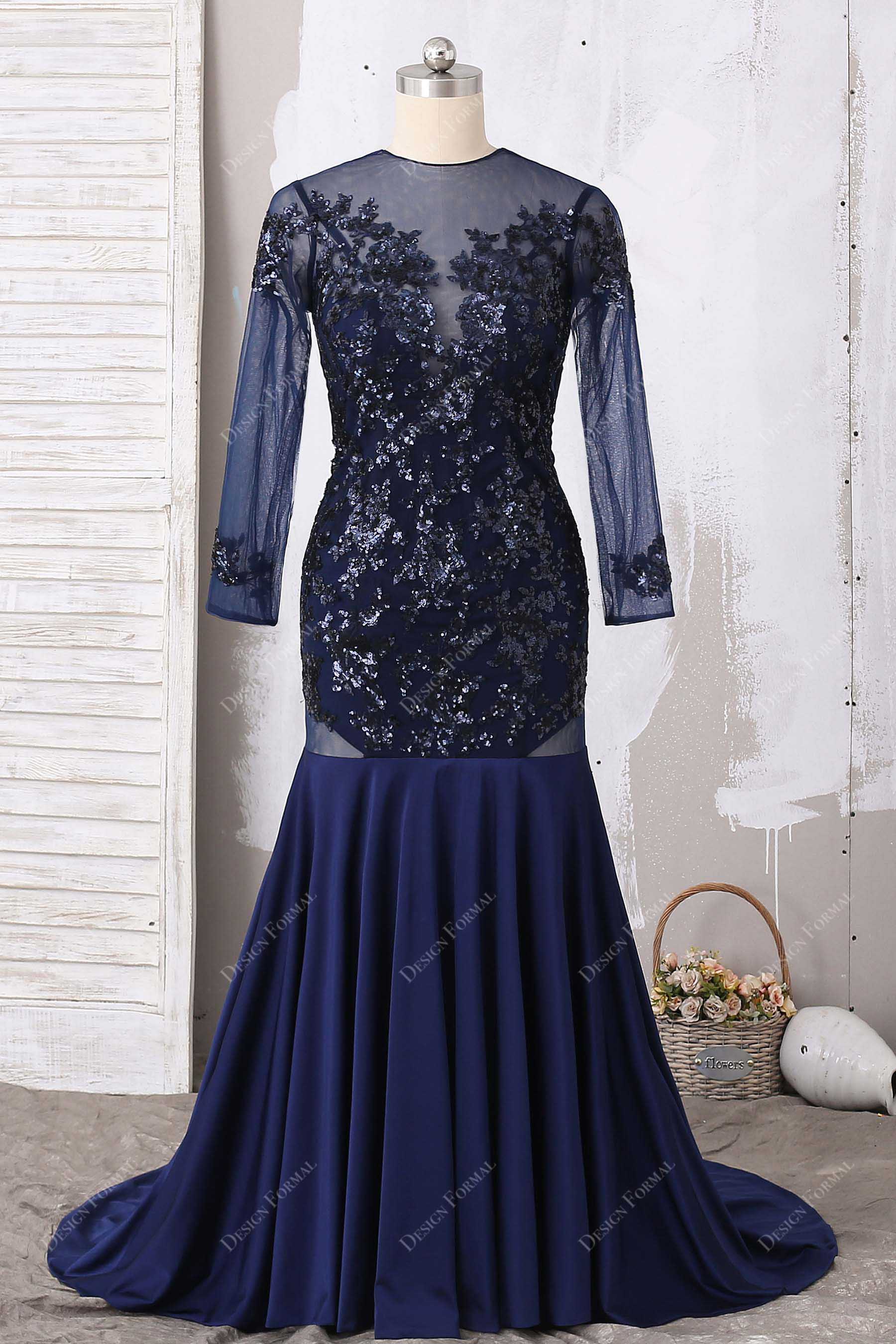 navy sequined applique jersey mermaid prom dress