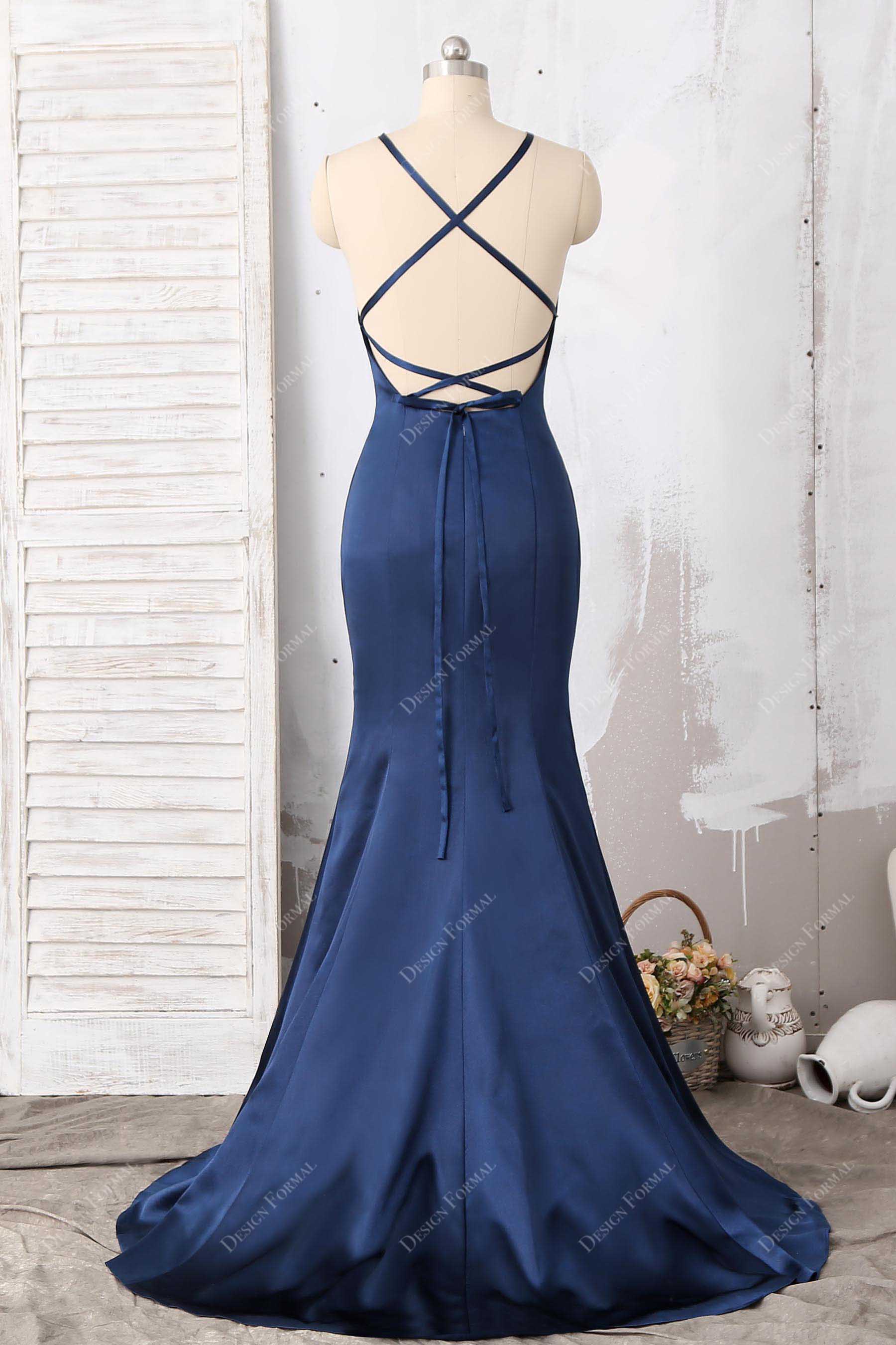 navy strappy back mermaid prom evening gown