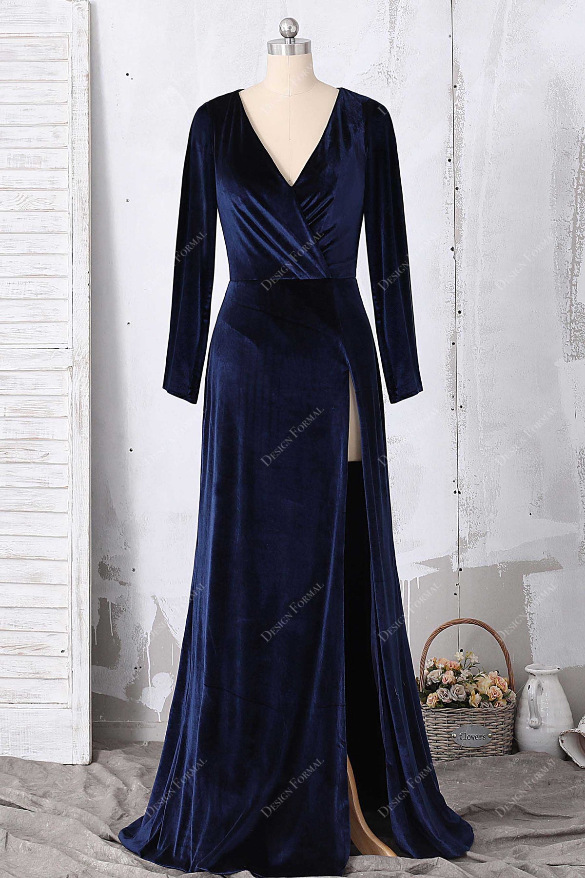 Half Sleeve V-neck Velvet Dress With Slit Ivory
