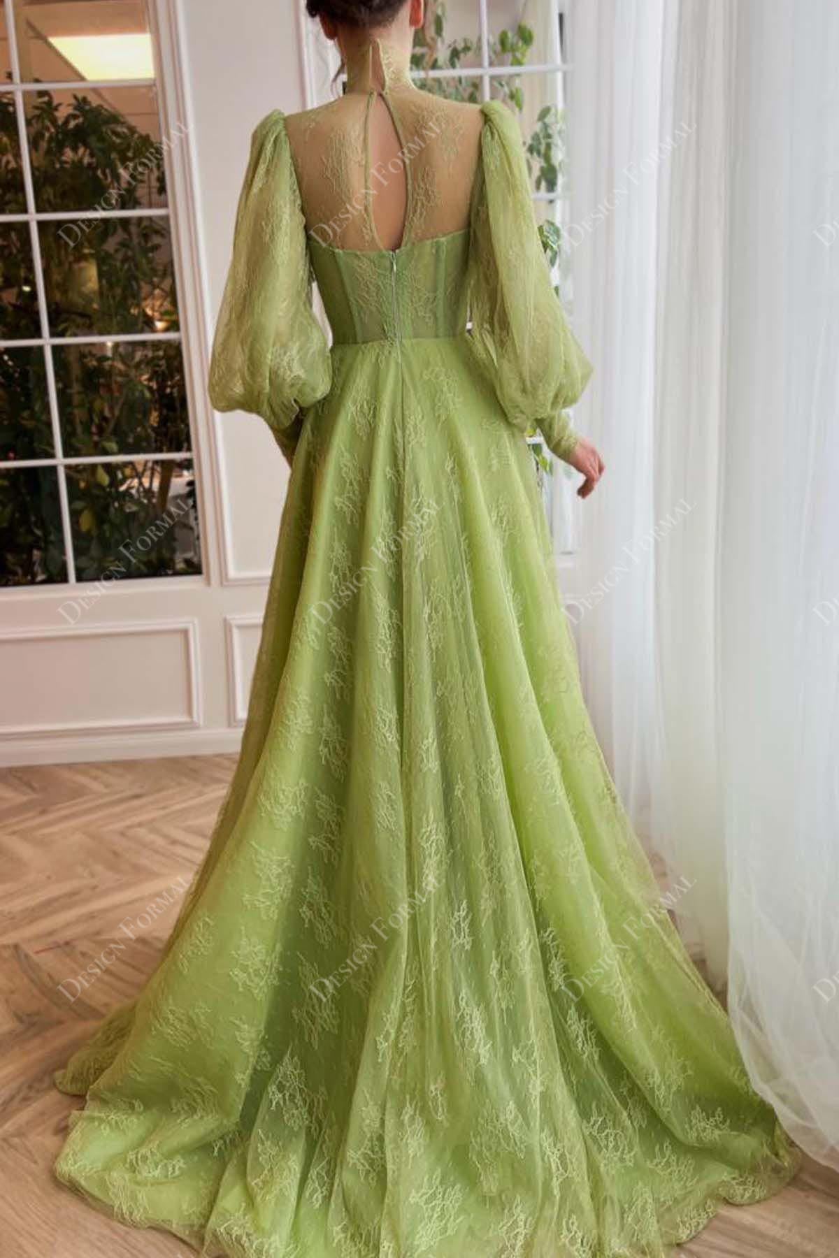 nontraditional green lace keyhole back bridal gown