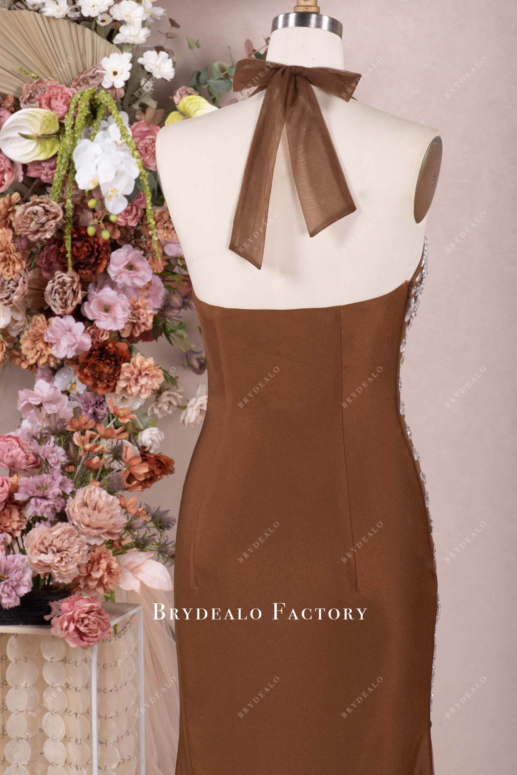 brown nude open back sleeveless prom dress