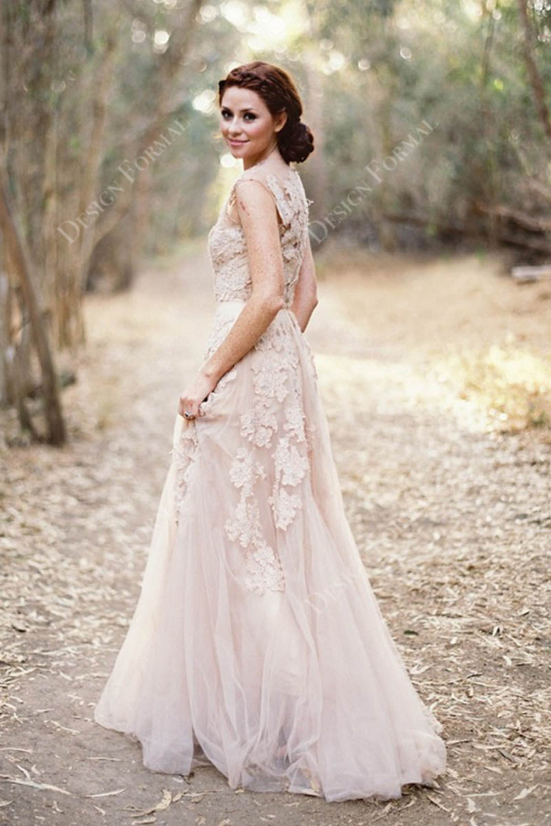 Nude Pink Cap Sleeves Lace Designer Wedding Dress