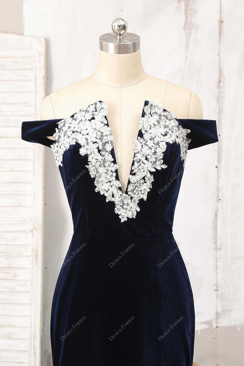 Charming Off Shoulder Velvet Mermaid V-Neck Applique Prom Dresses, FC1930