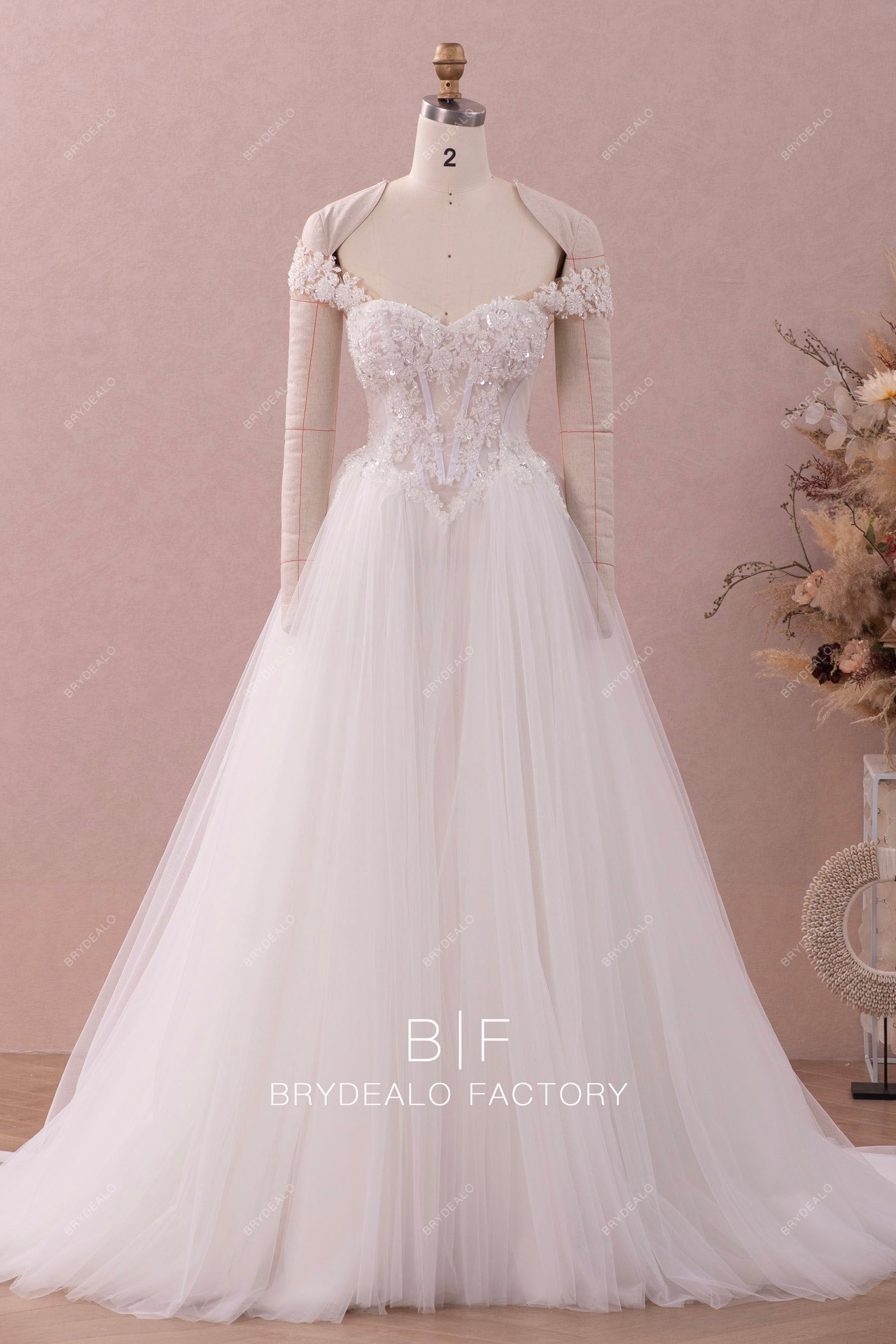 off shoulder designer beaded lace ball gown wedding dress