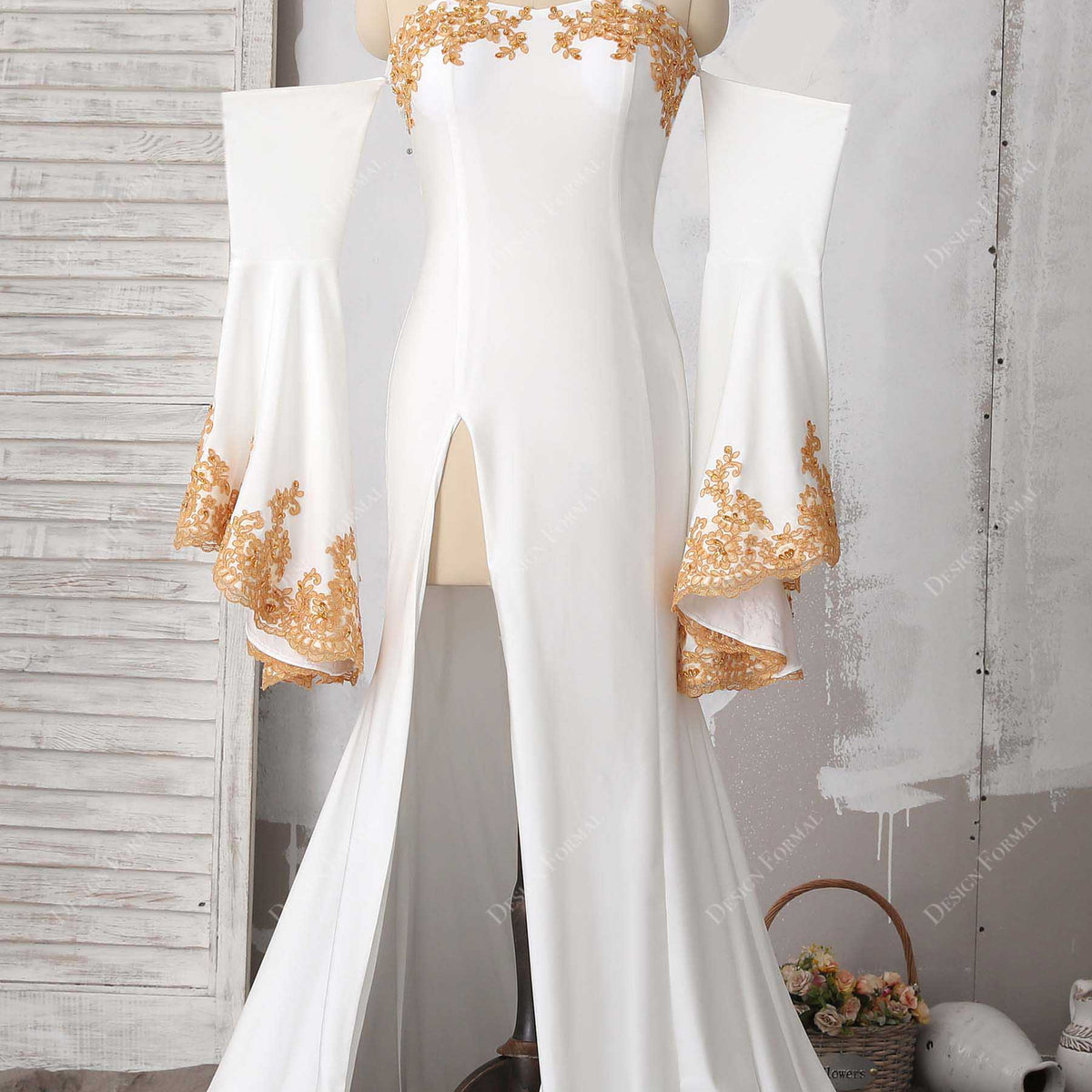 Lace White Jersey Off Shoulder Bell Sleeve Sexy Slit Mermaid Prom Gown