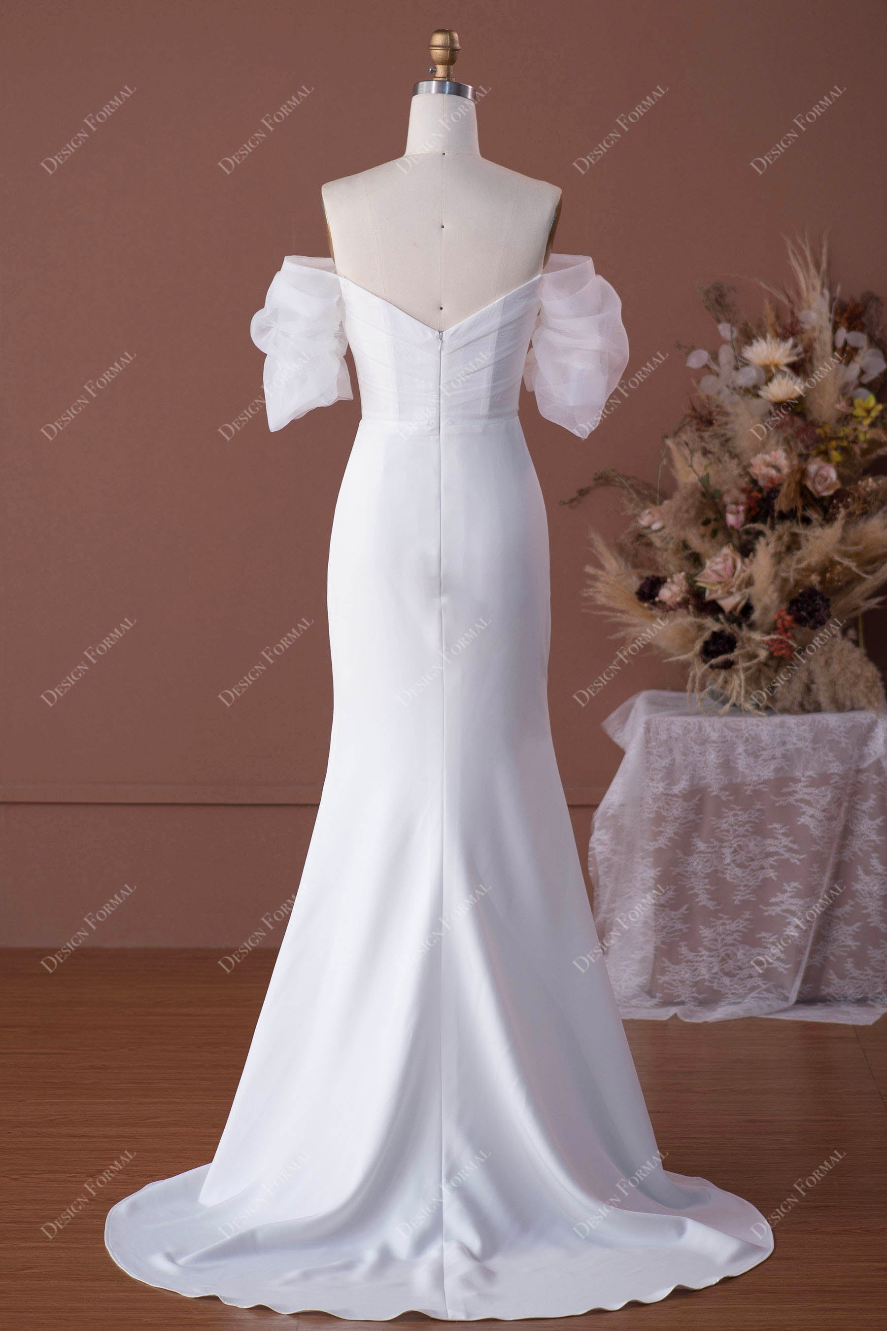 off shoulder bridal dress godet train