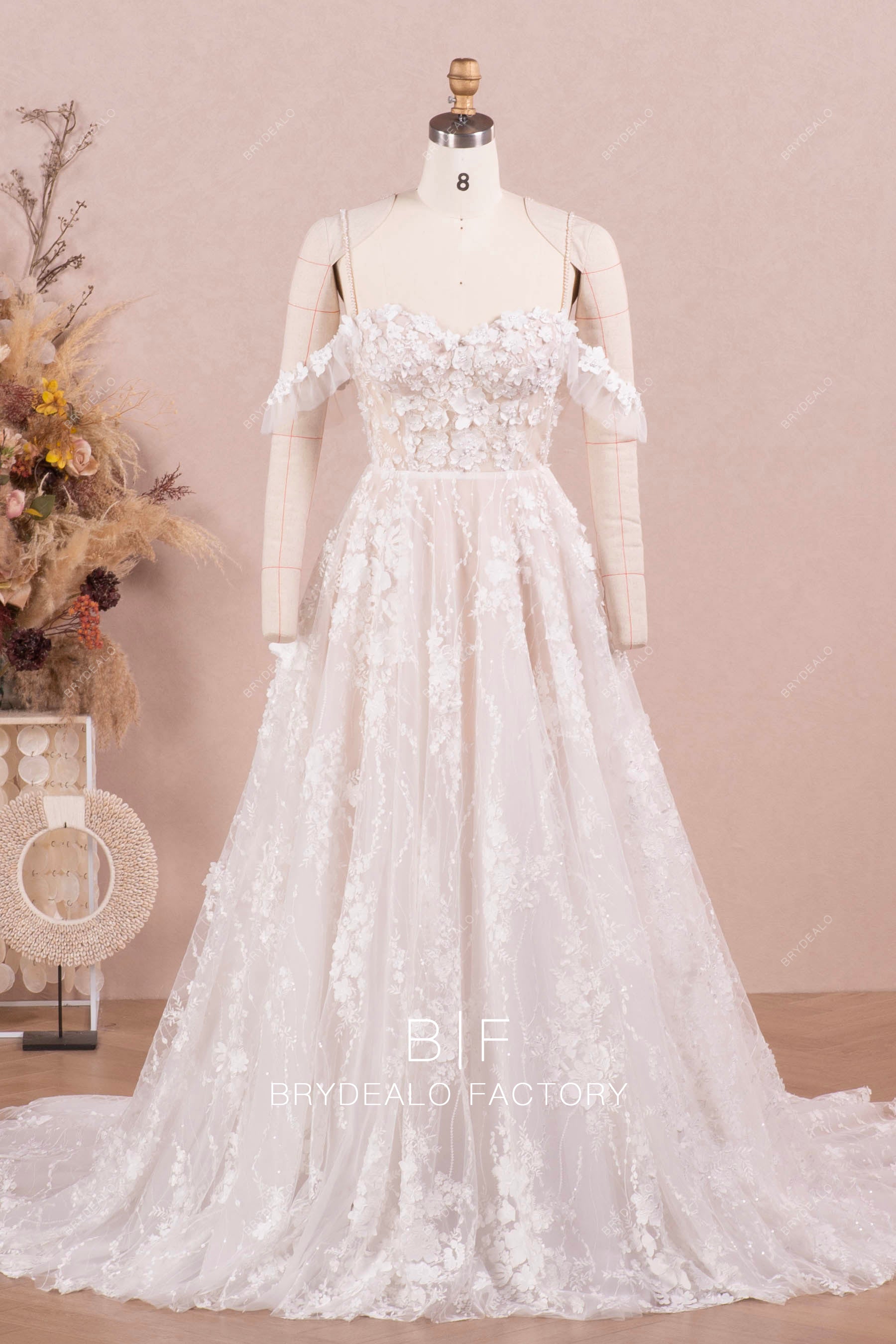 off shoulder corset romantic flower lace wedding dress