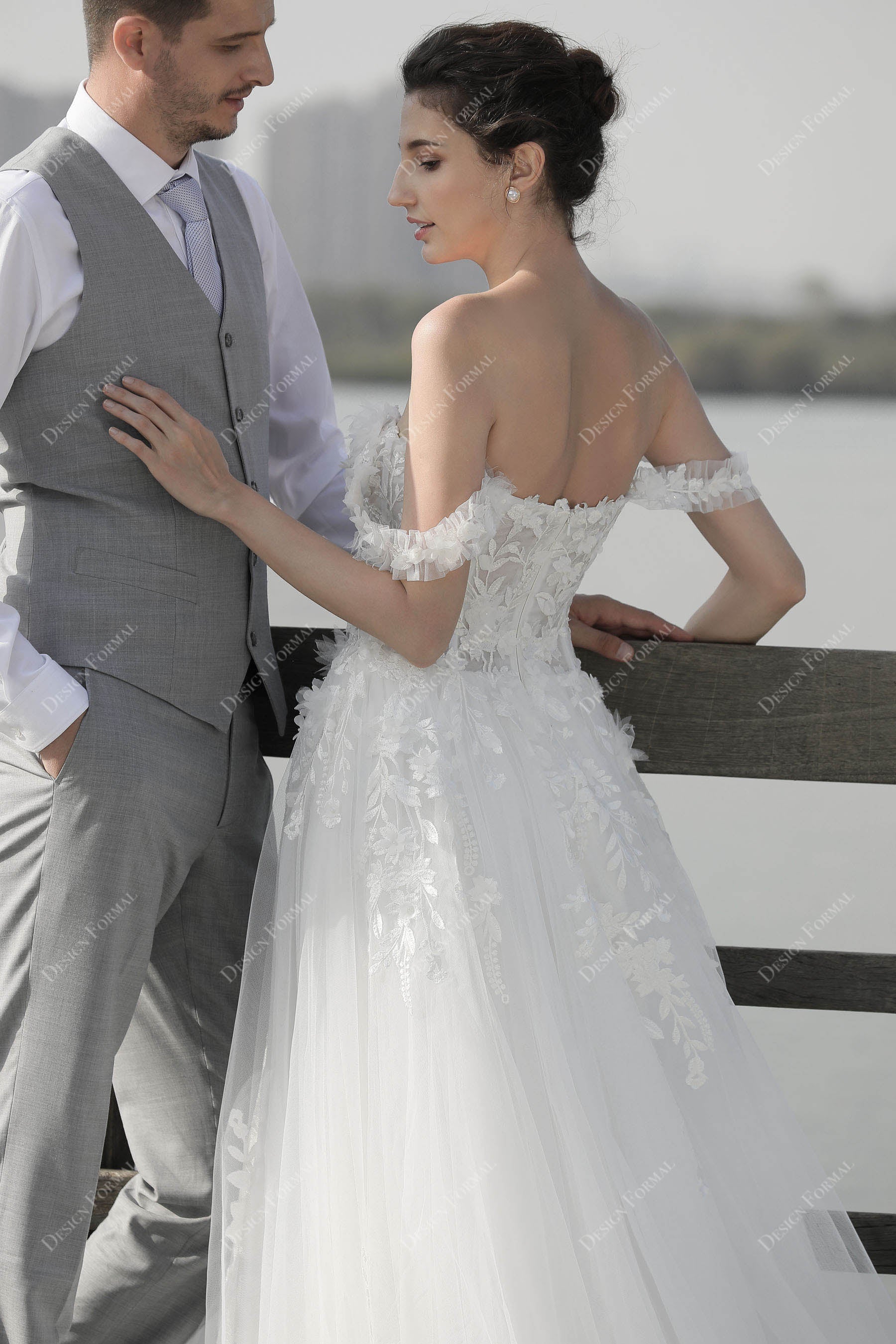 off shoulder designer lace bridal gown