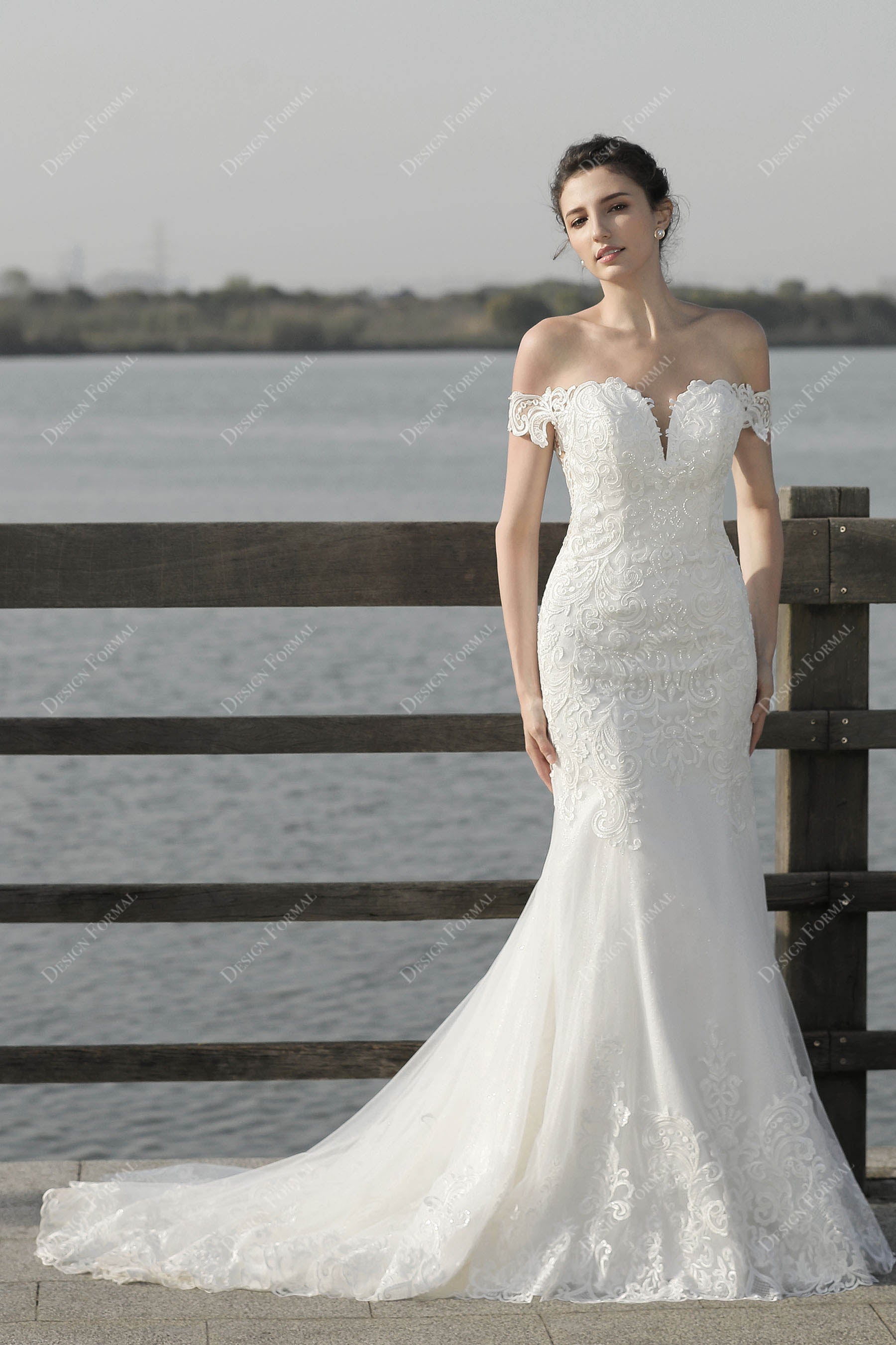 Off-shoulder Lace Tulle Beach Mermaid Wedding Dress