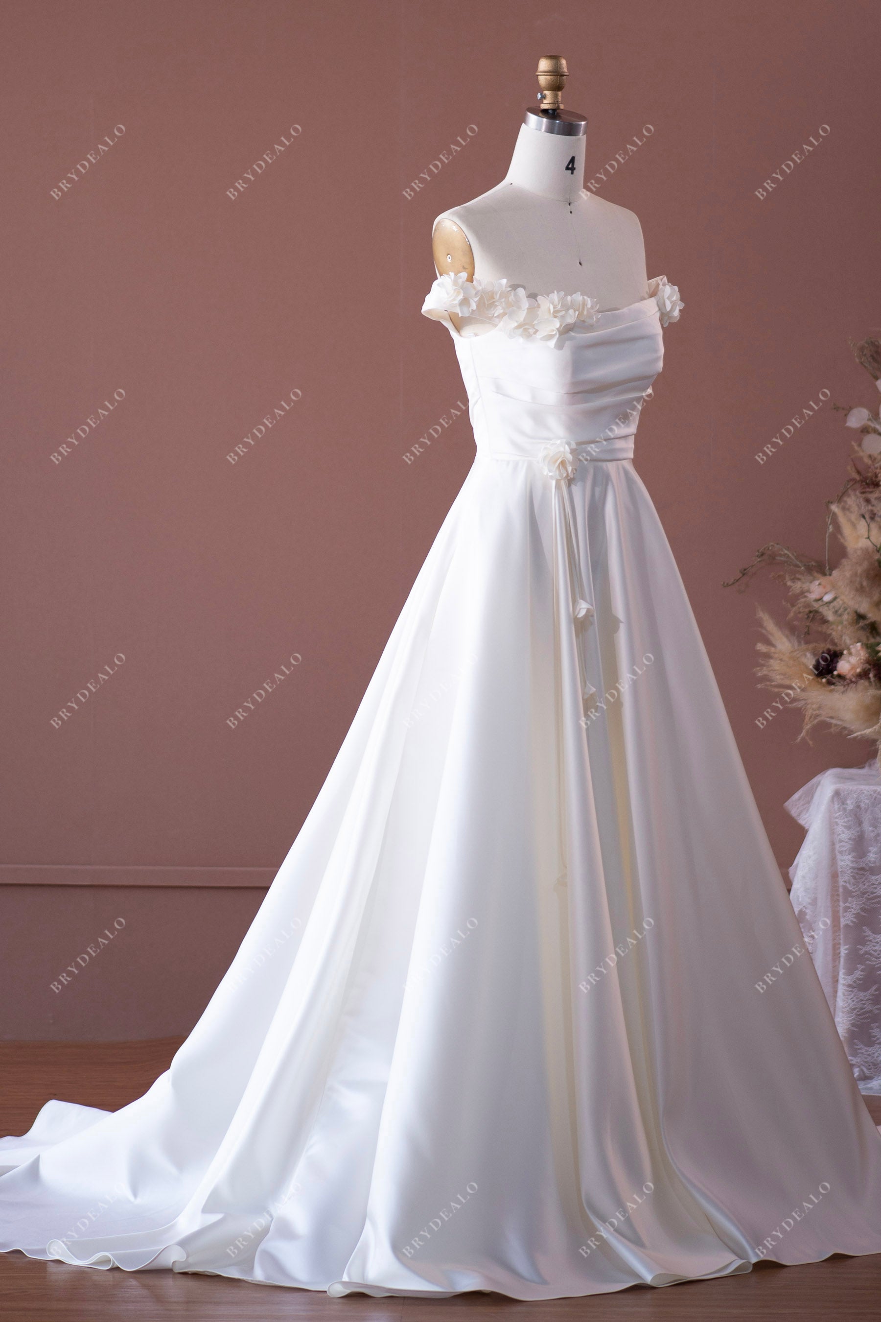designer flowers off-shoulder satin pleated ball gown bridal dress