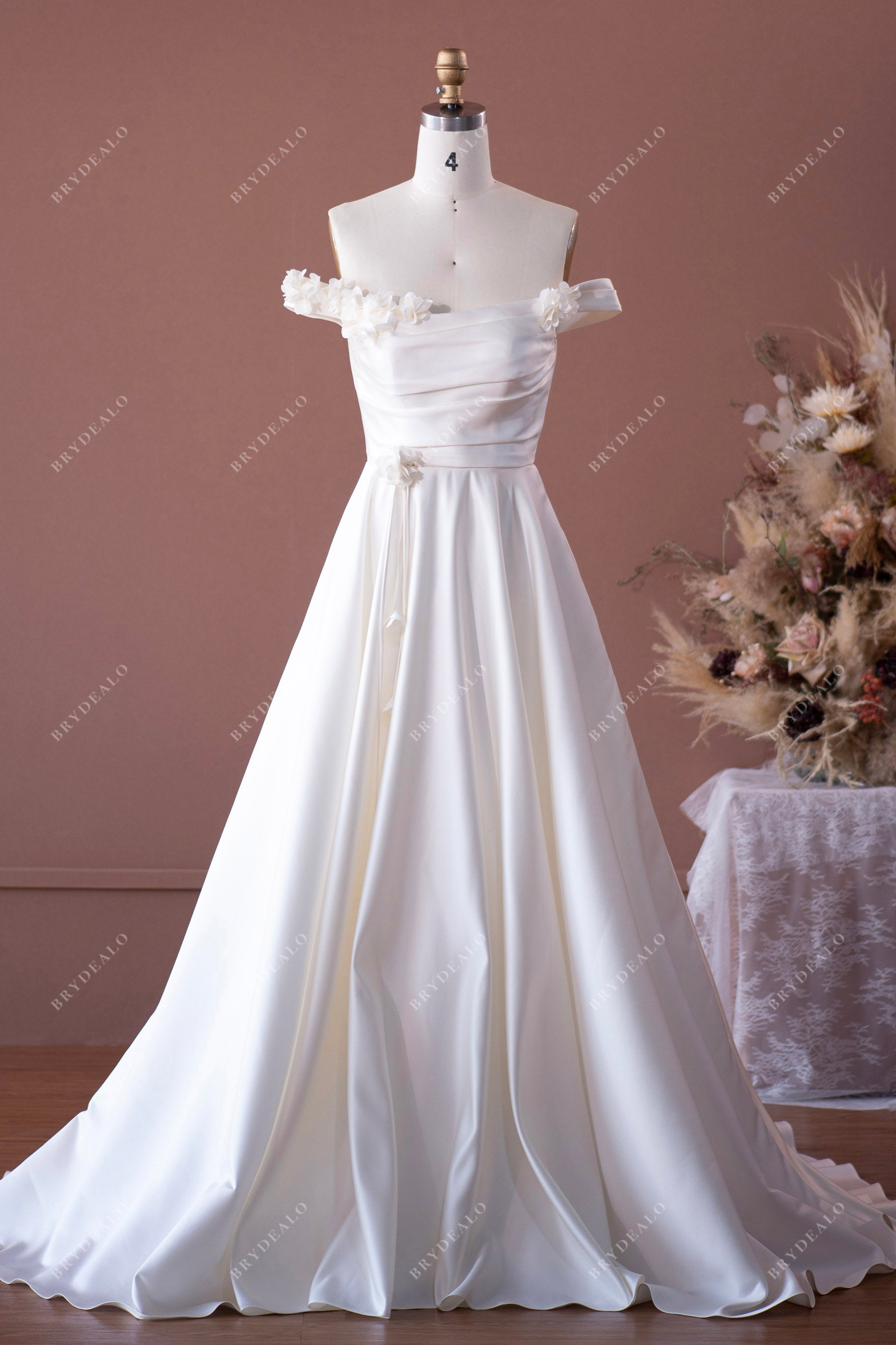 timeless off-shoulder flower satin wedding dress