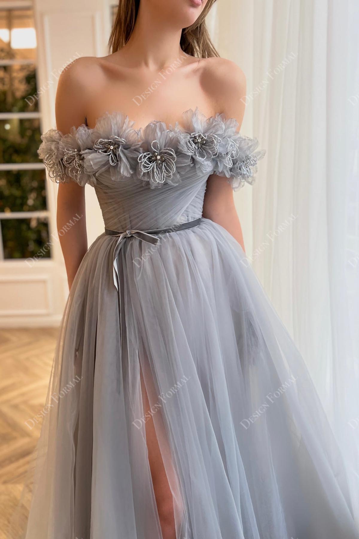 off shoulder flowers tulle A-line formal dress