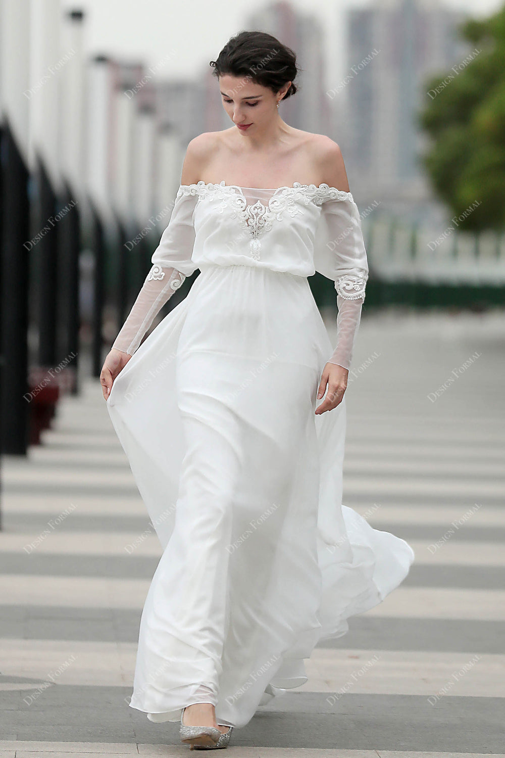 Off-shoulder Flowy Chiffon Spring A-line Beach Wedding Dress
