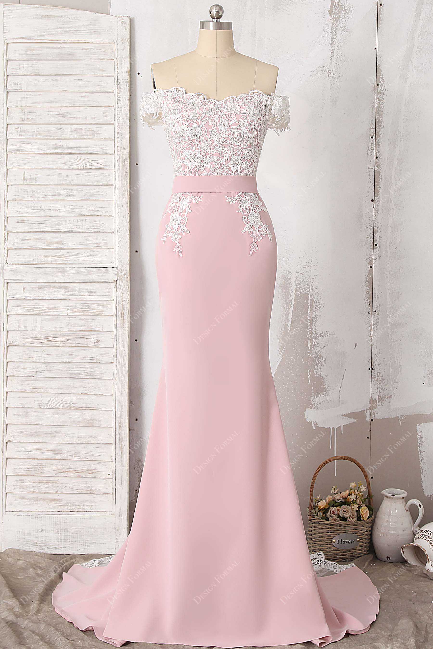off-shoulder ivory lace pink mermaid prom dress