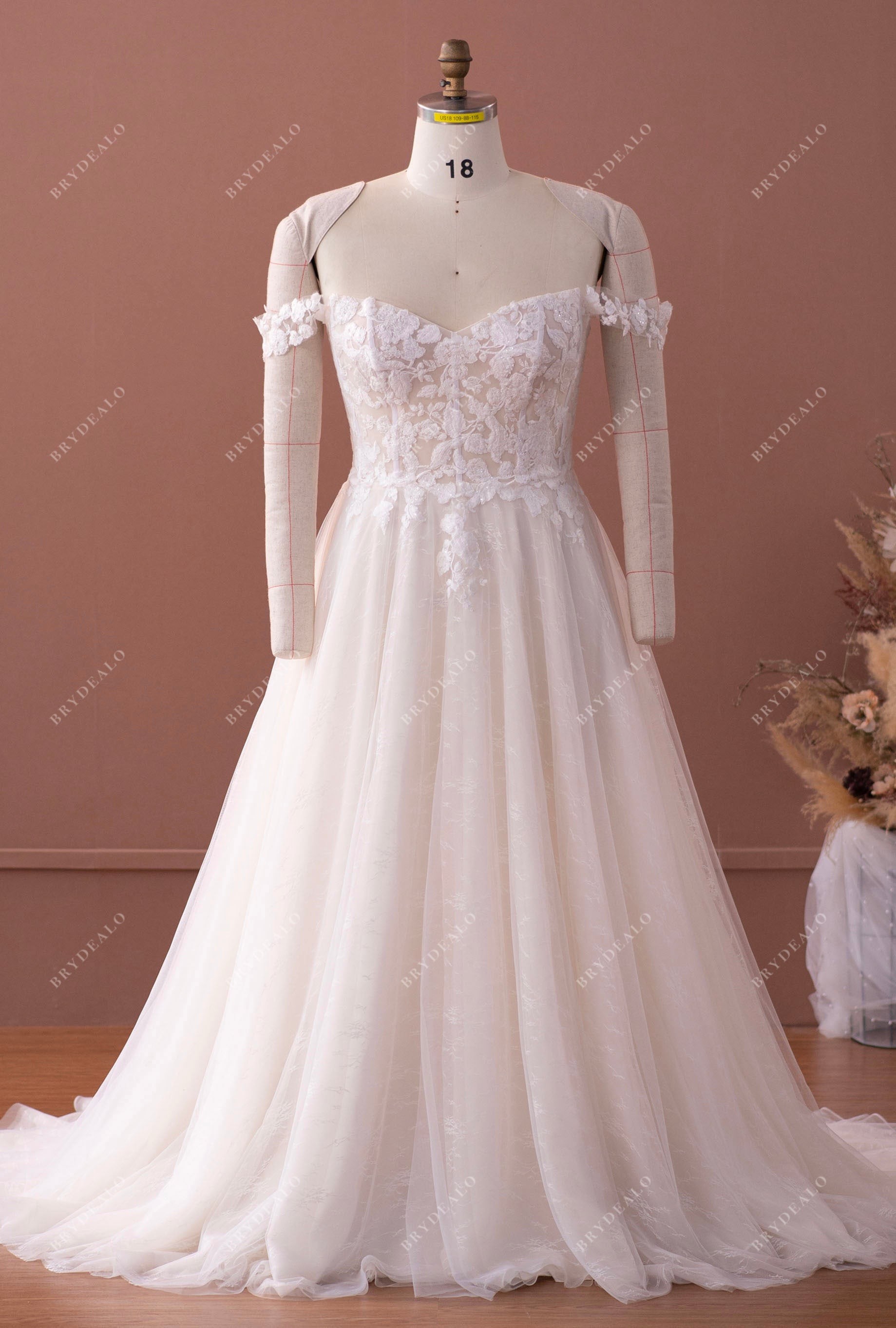 Plus Size Off Shoulder Champagne Lace Country Wedding Dress