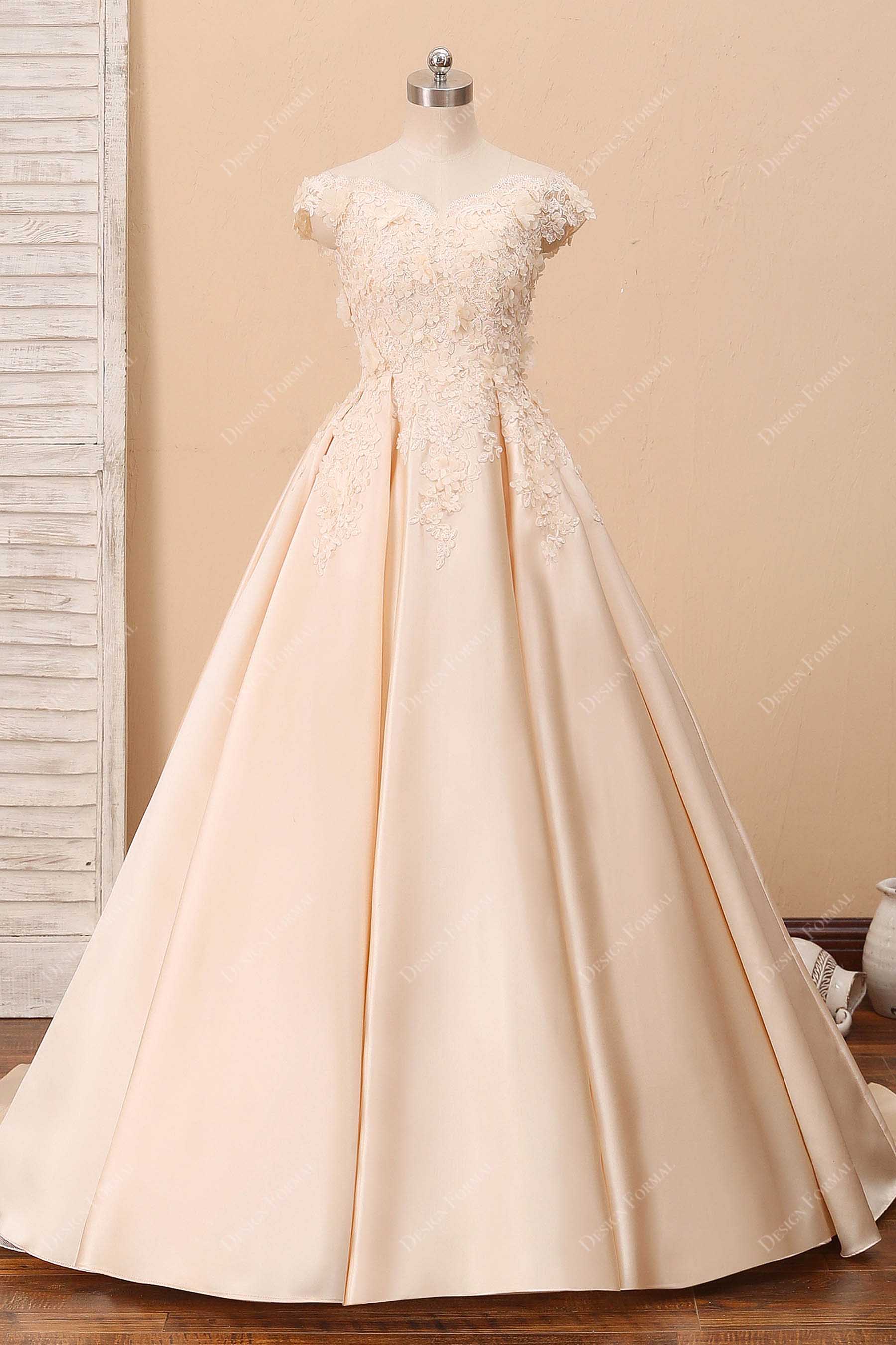 3D Floral Lace Champagne Satin Bridal Prom Ball Gown