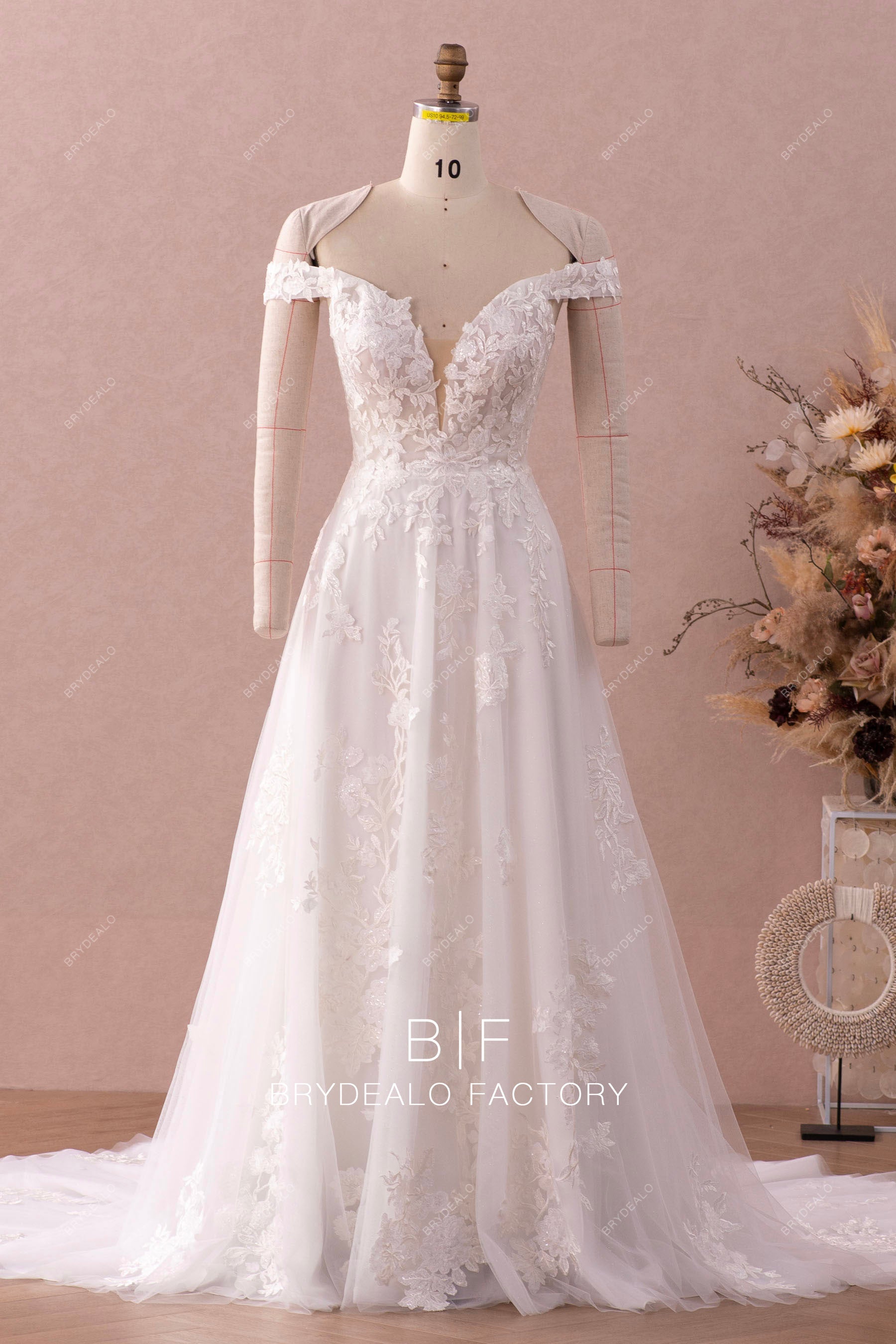 Shimmery Off Shoulder Deep V-neck Spring Lace Bridal Gown