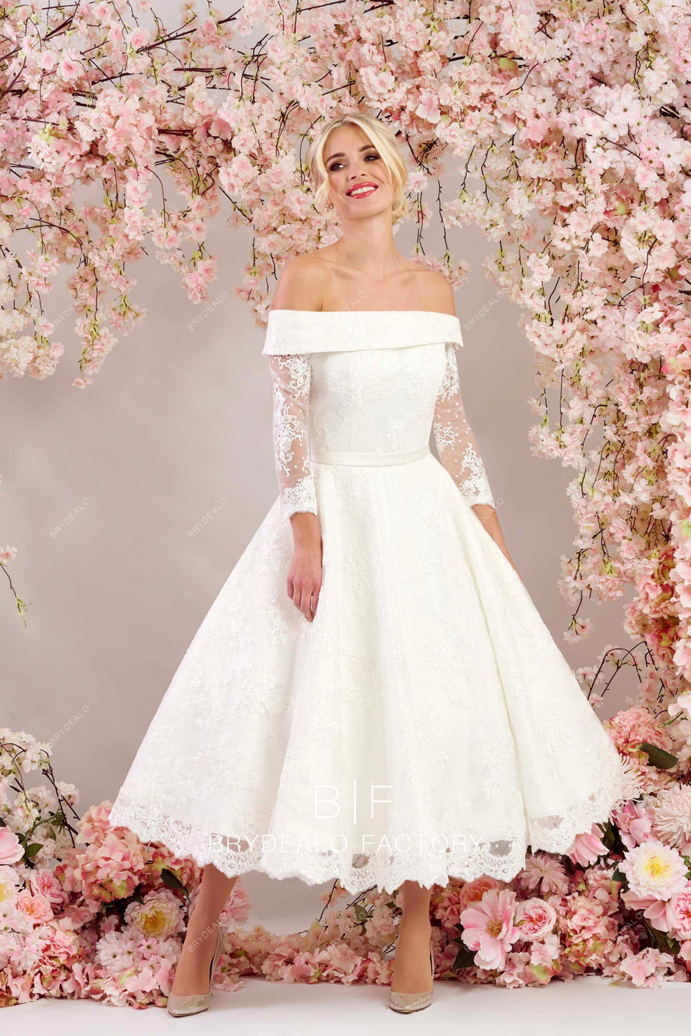 Off Shoulder Lace Tea-Length Bridesmaid Dress, Backless Mermaid Slit Bridesmaid Dress, D696