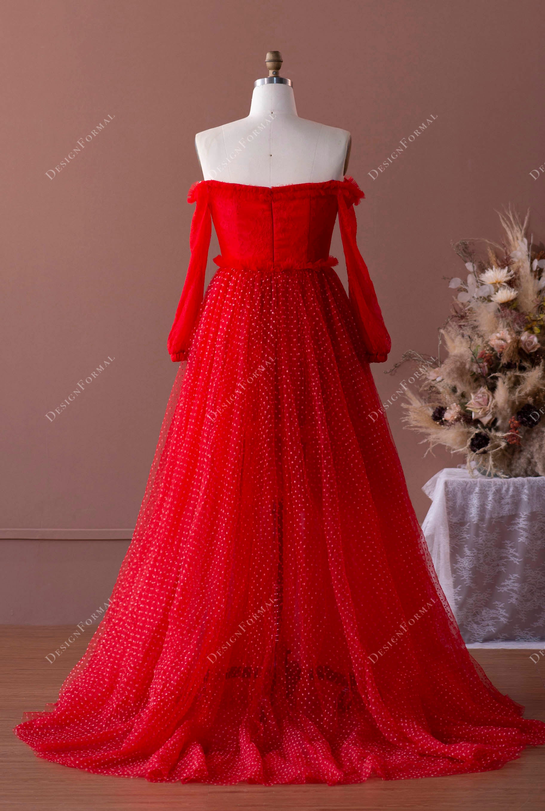 Red Off-shoulder Plus Size Formal Dress with Dot Lace Overskirt