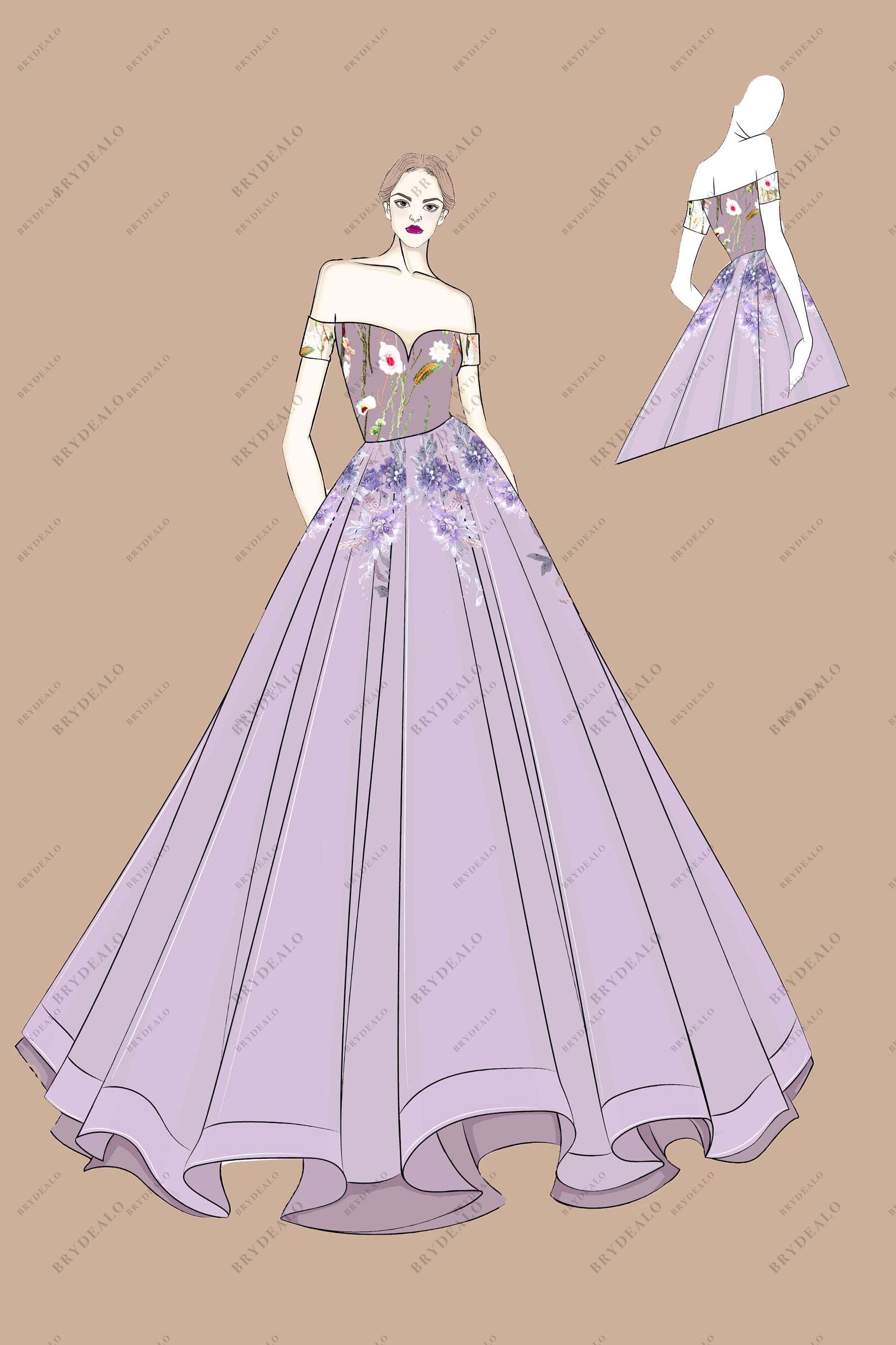 Designer Wild Floral Off-shoulder Lilac Bridal Dress Sketch