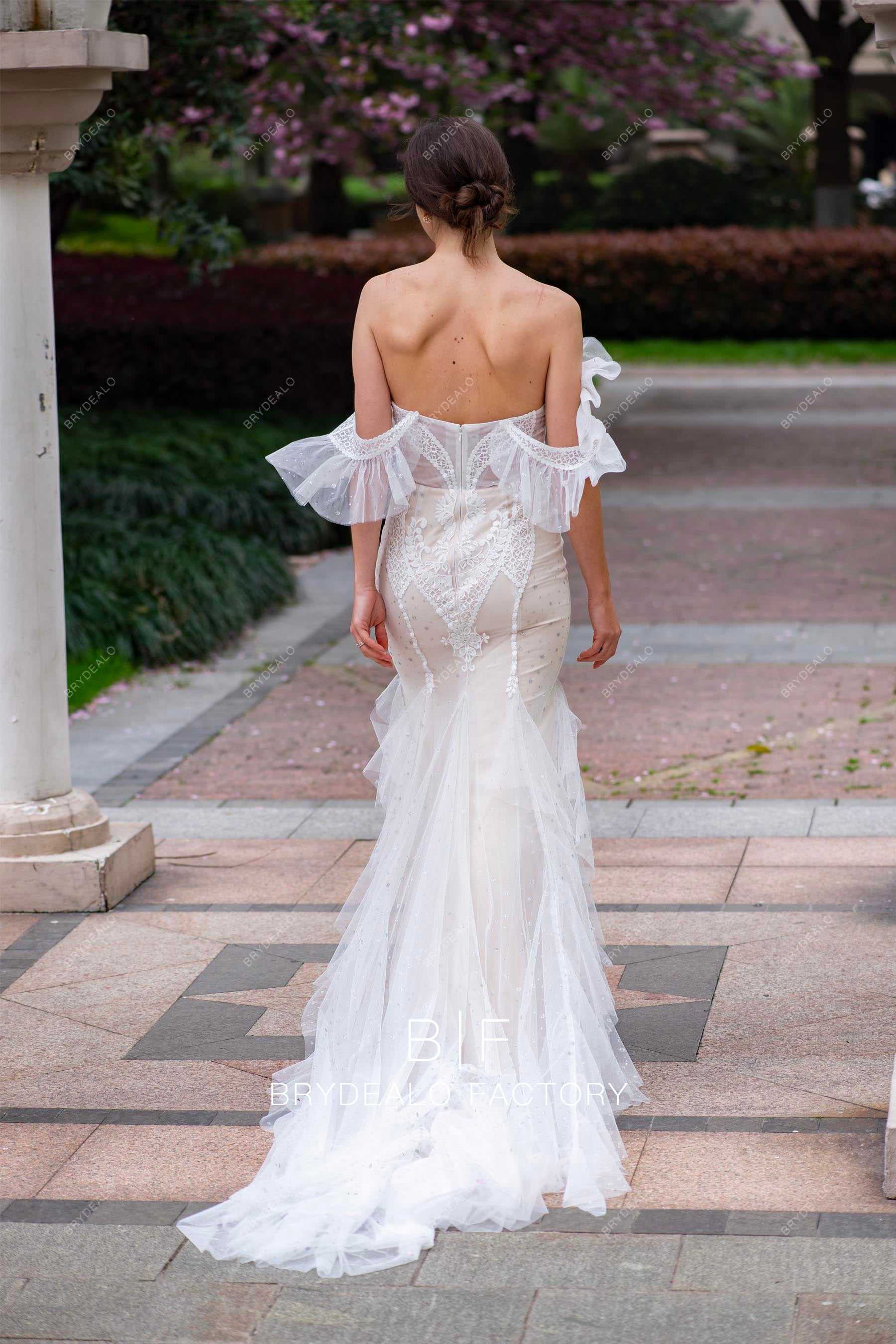 off shoulder mermaid designer lace ruffled wedding dress