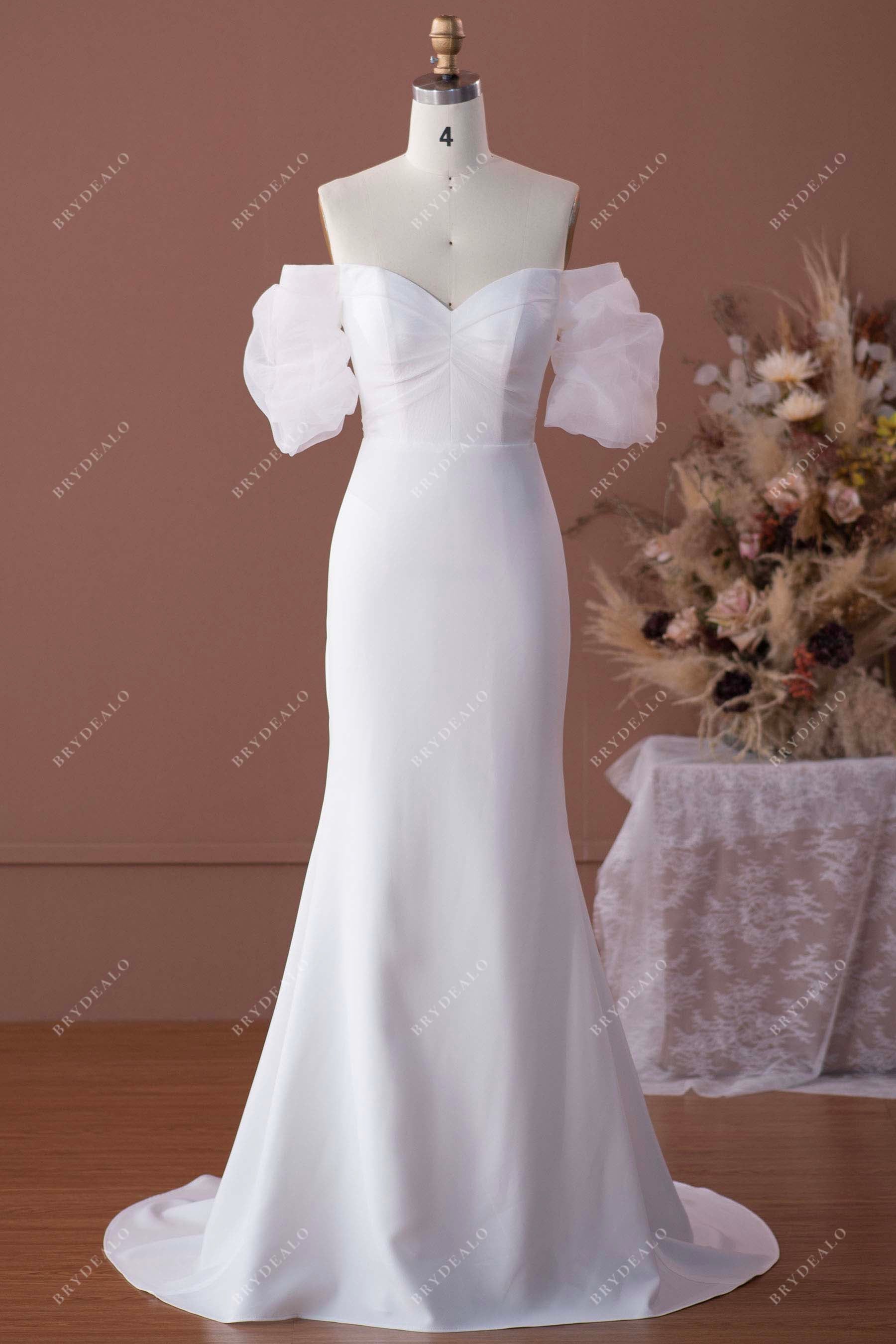 elegant off-shoulder mermaid crepe bridal gown