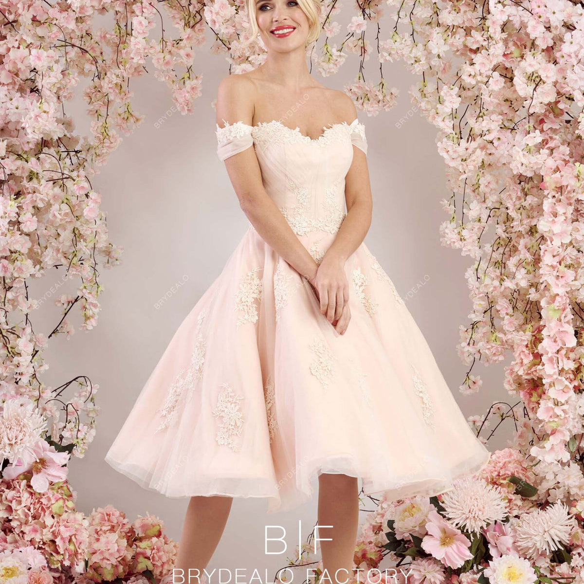 Cute Pearl Pink Off Shoulder Lace Organza Tea Length Wedding Dress