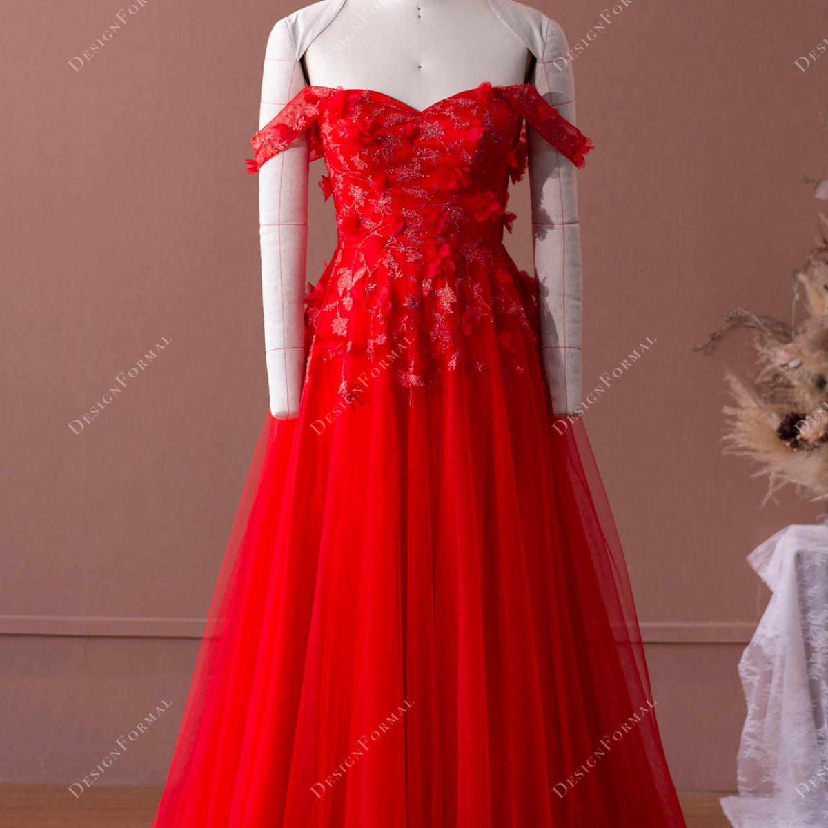 Brydealo Factory Flower Straps Red Tulle Formal Dress with Slit