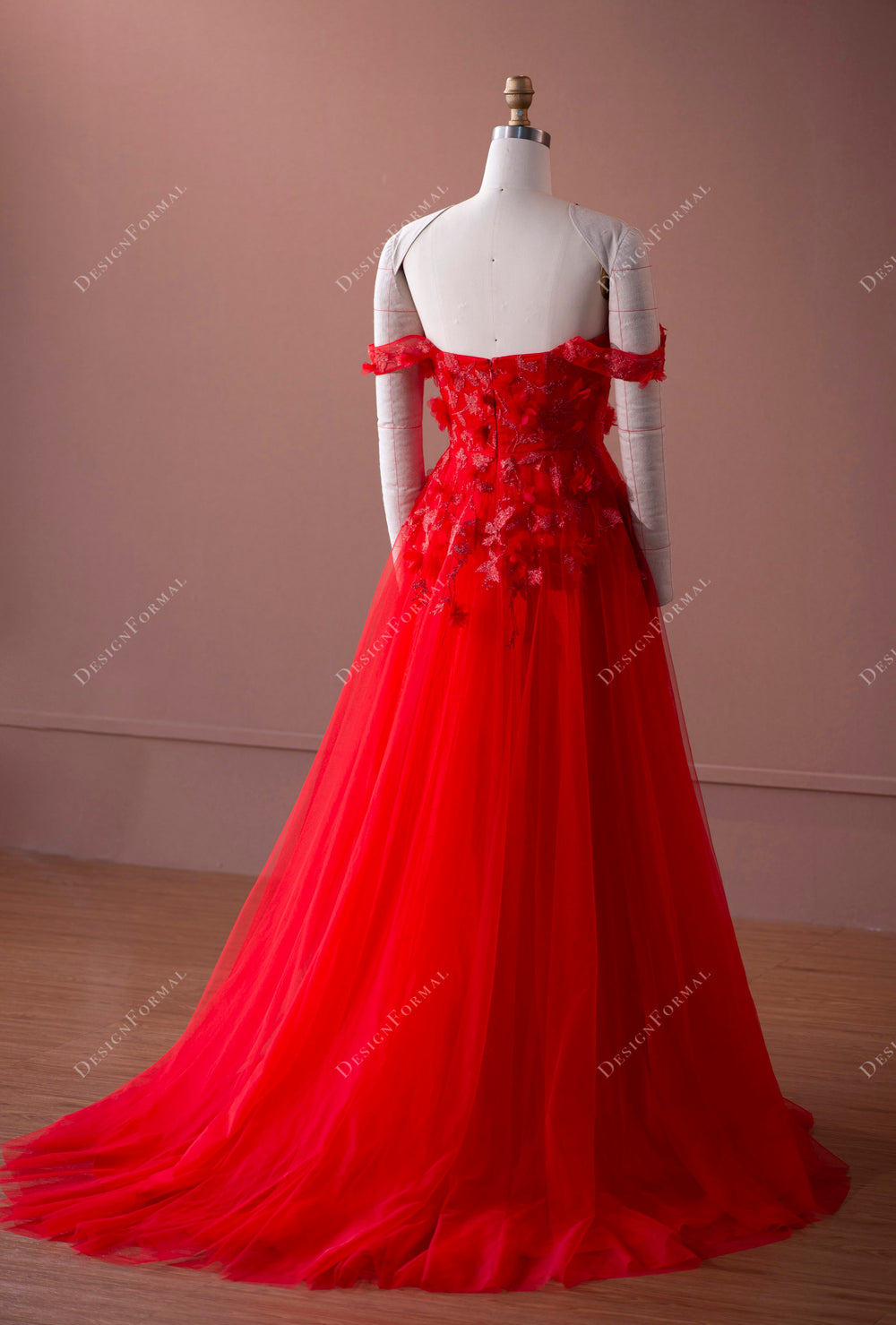 Romantic Flower Straps Red Tulle Slit Fairy Formal Dress
