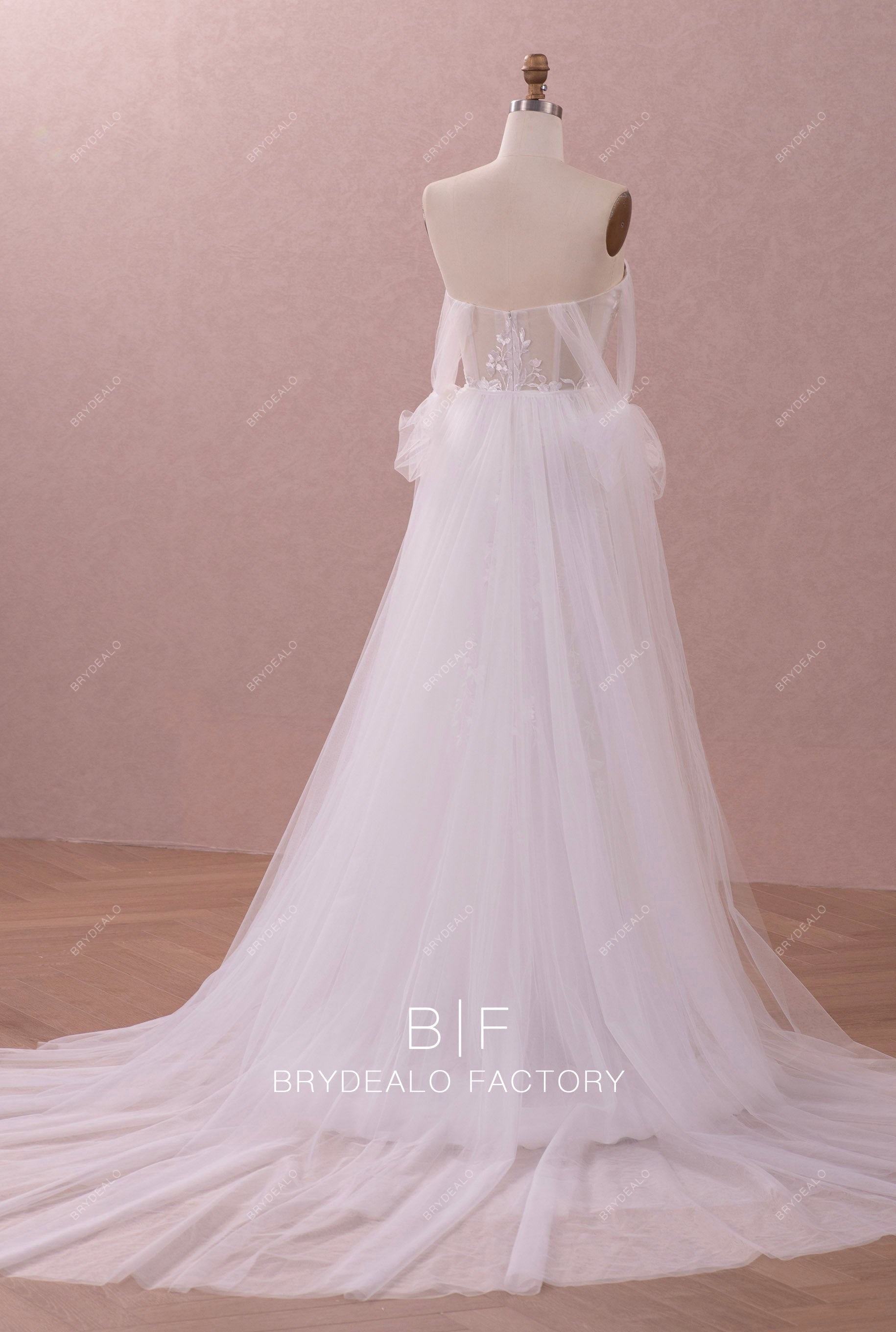 removable overskirt off shoulder lace bridal gown