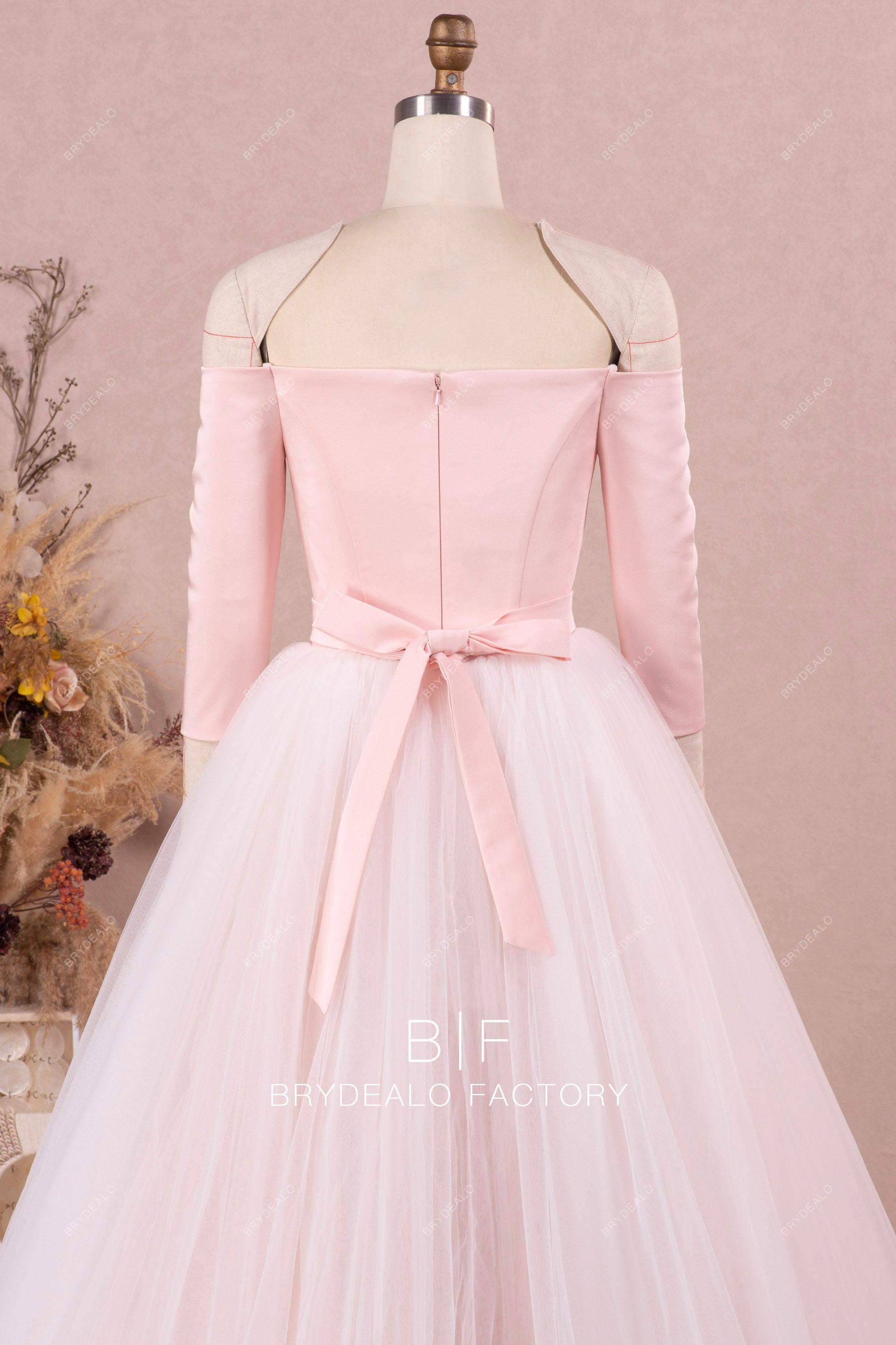 blush 3/4 sleeves off shoulder satin wedding gown