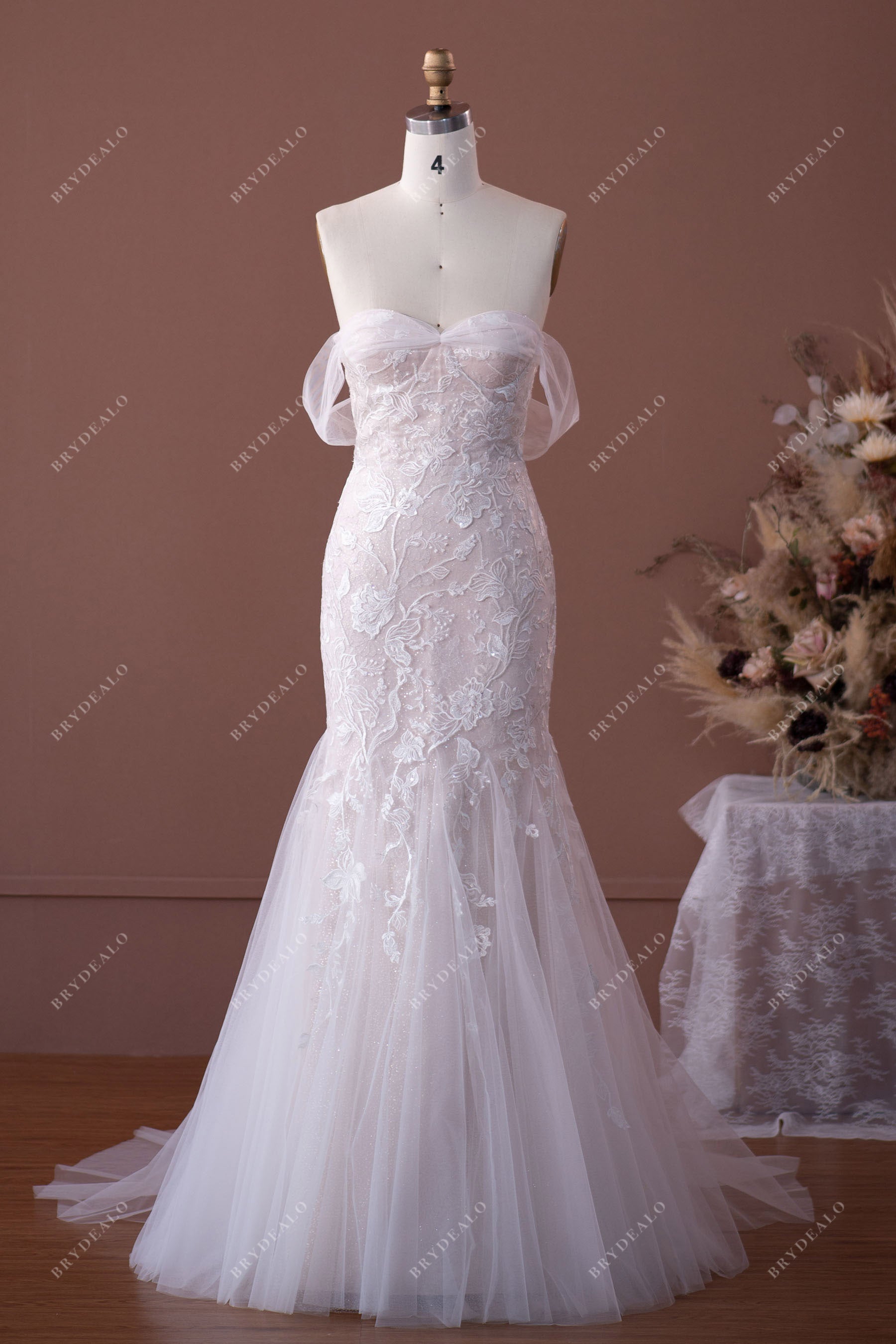 Romantic Shimmery Off Shoulder Lace Tulle Mermaid Wedding Gown
