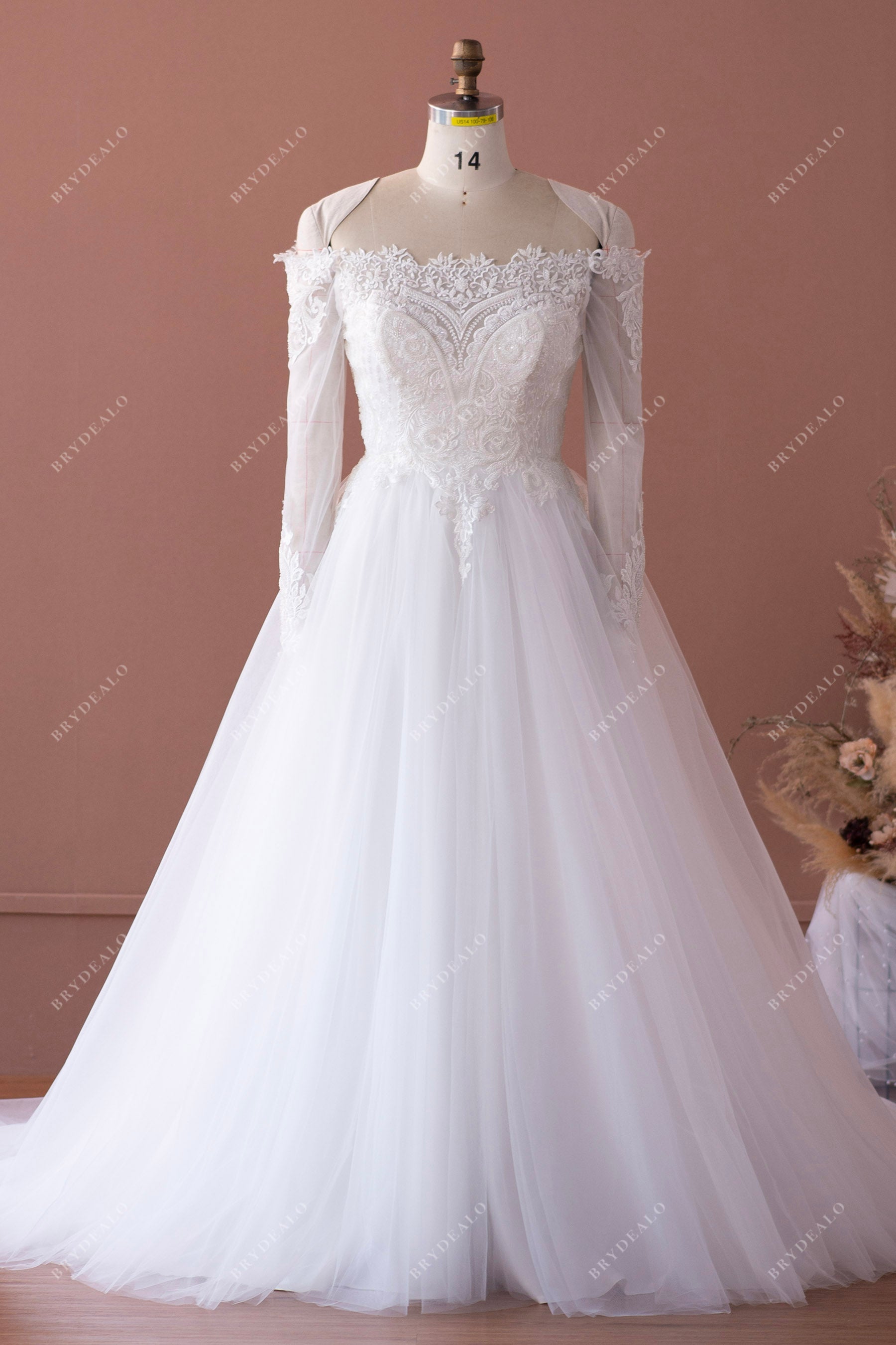 off shoulder sheer sleeves lace A-line wedding dress