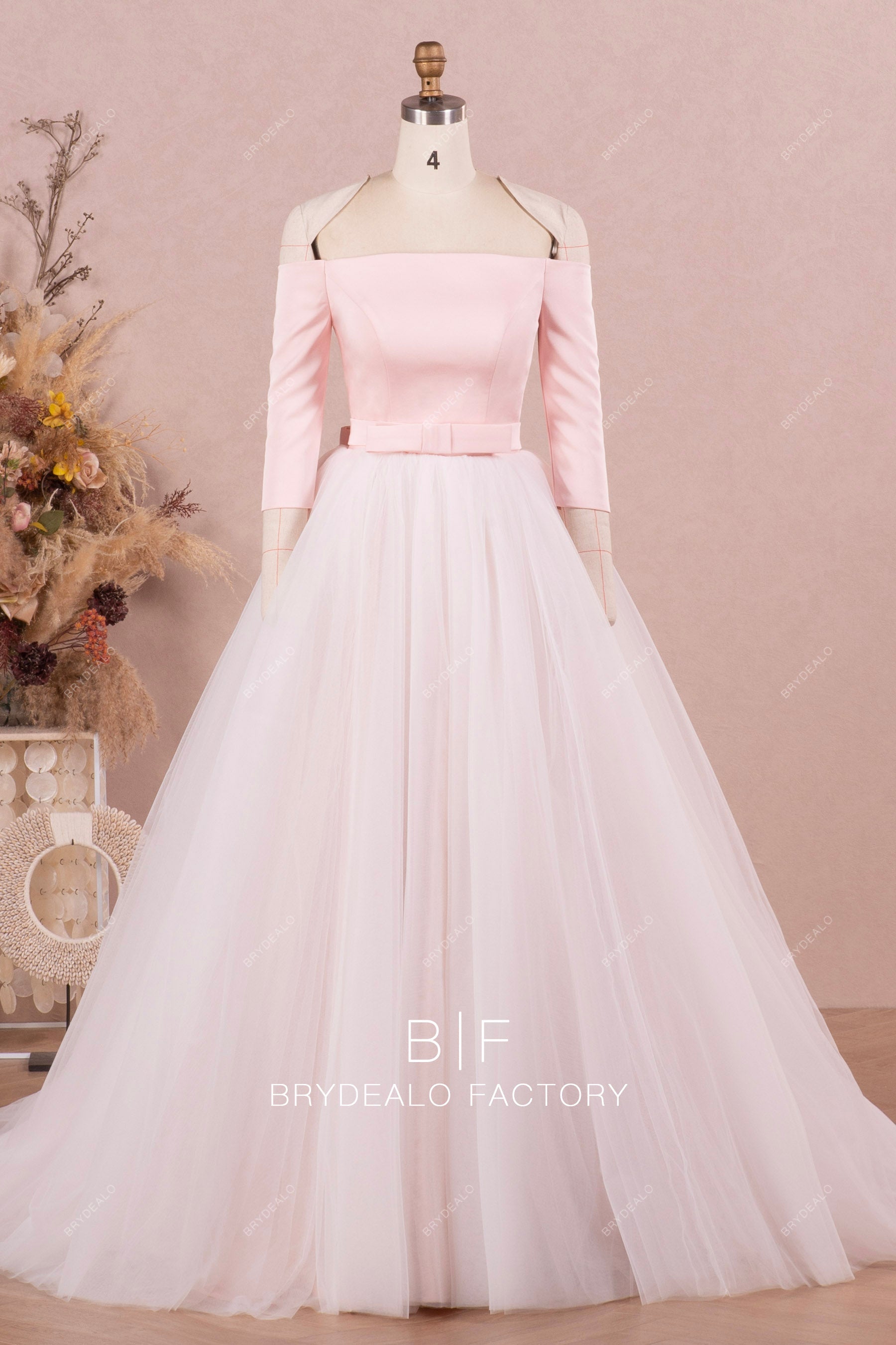 Blush Pink Off Shoulder Puffy Tulle Overskirt Wedding Dress