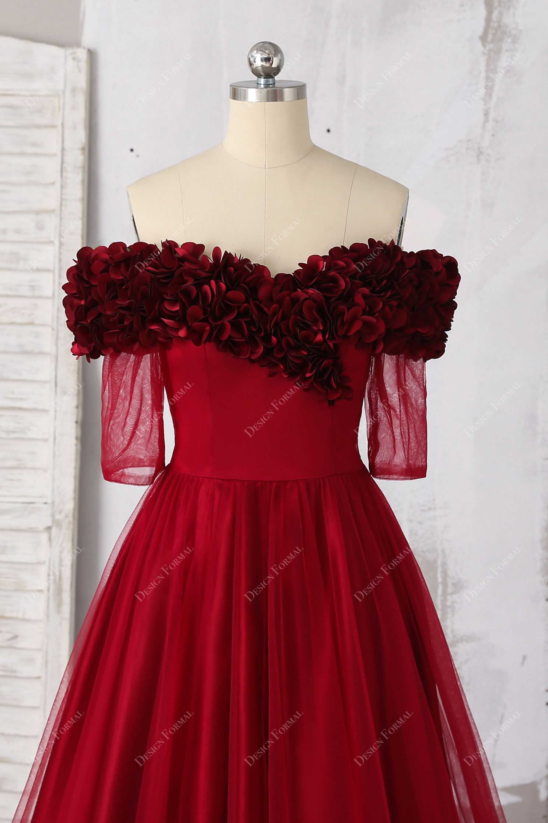 off-shoulder sweetheart neck red burgundy evening dress
