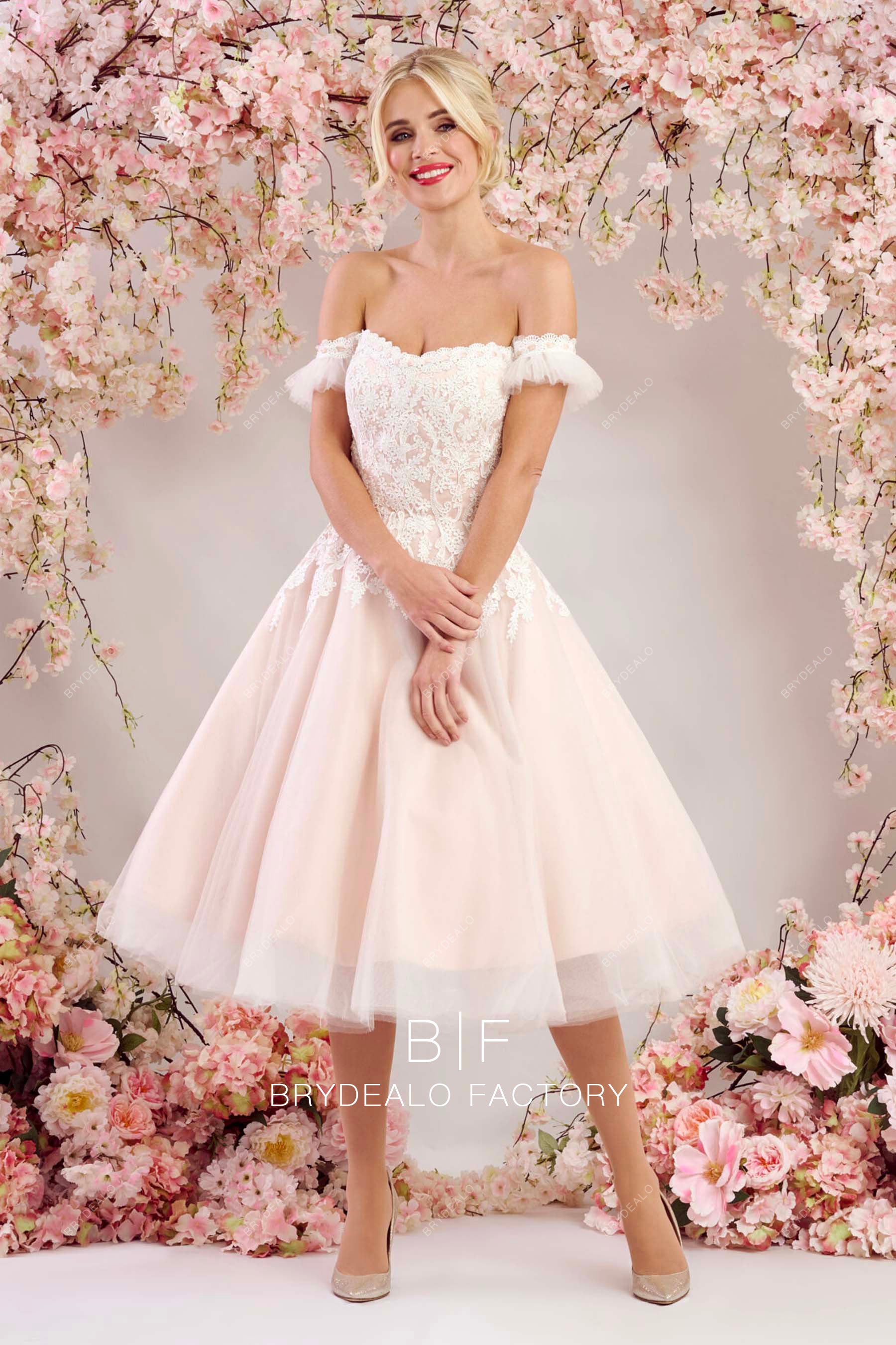cute lace off shoulder blush tea length bridal dress