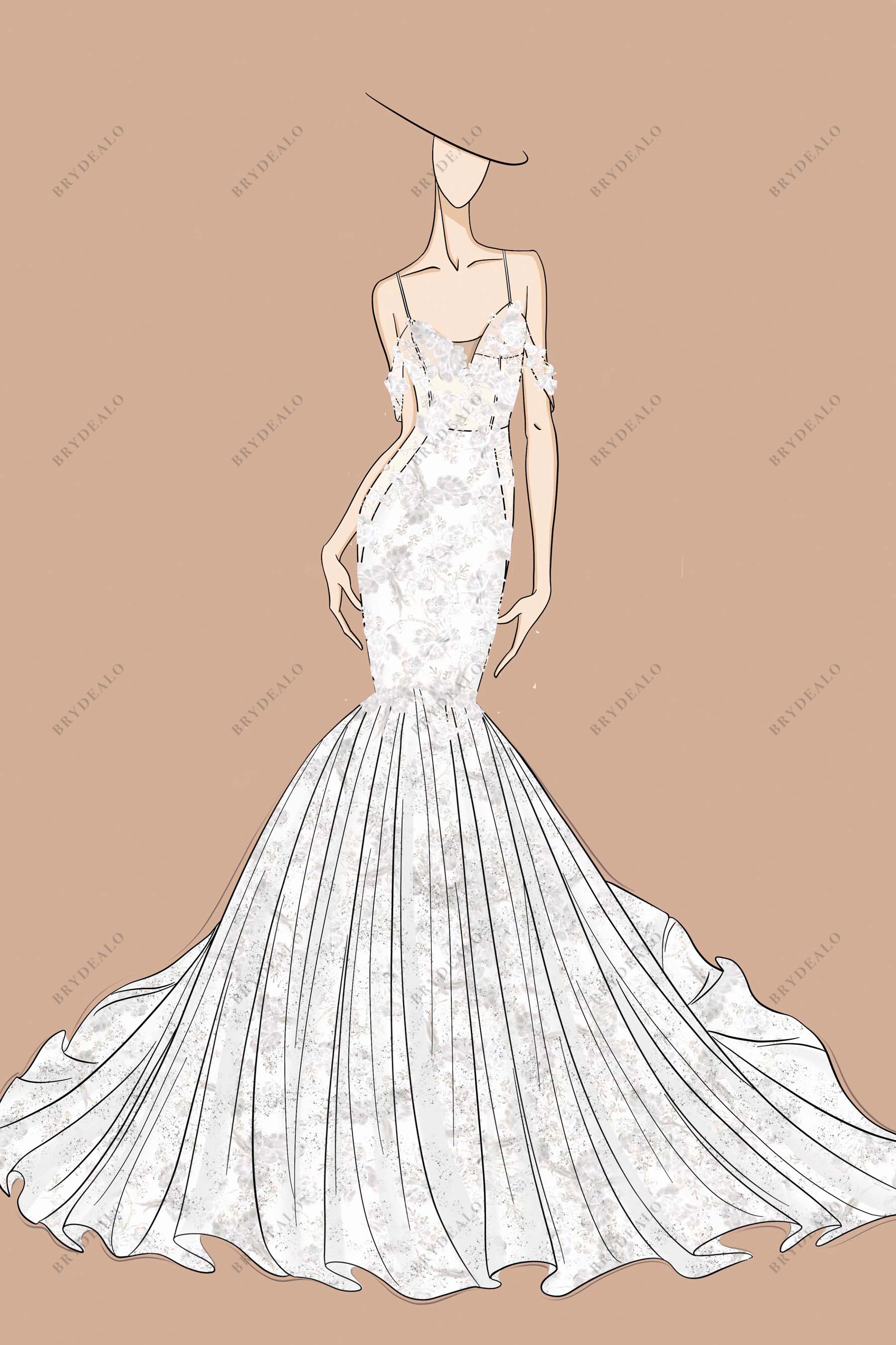 Modern Off-shoulder Custom Lace Trumpet Wedding Dress Sketch