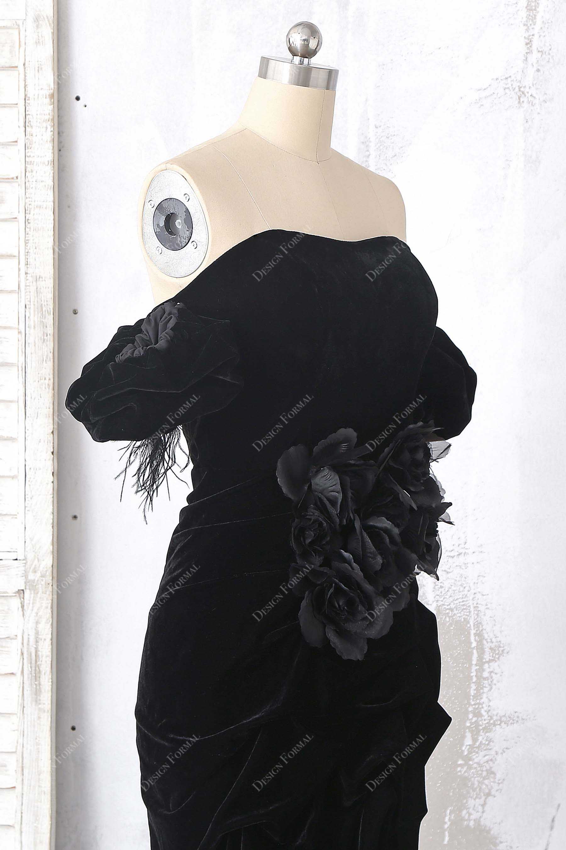 off-shoulder black velvet dress