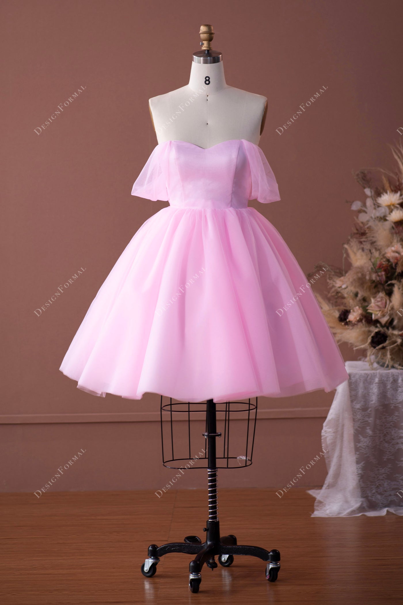 Pink Tulle Off Shoulder Knee Length Dramatic Homecoming Formal Dress 