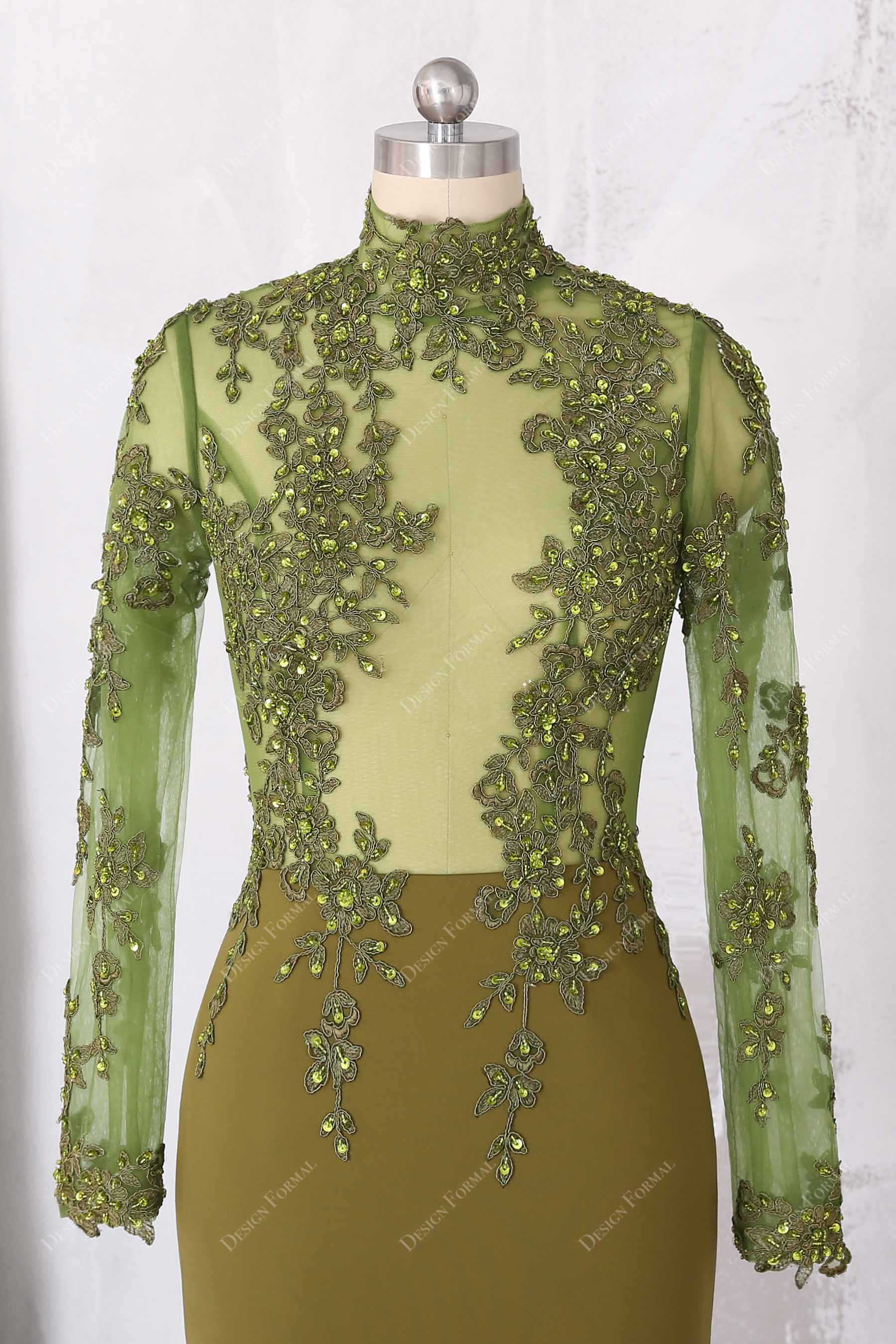 olive green appliques long sleeve sheer bodice