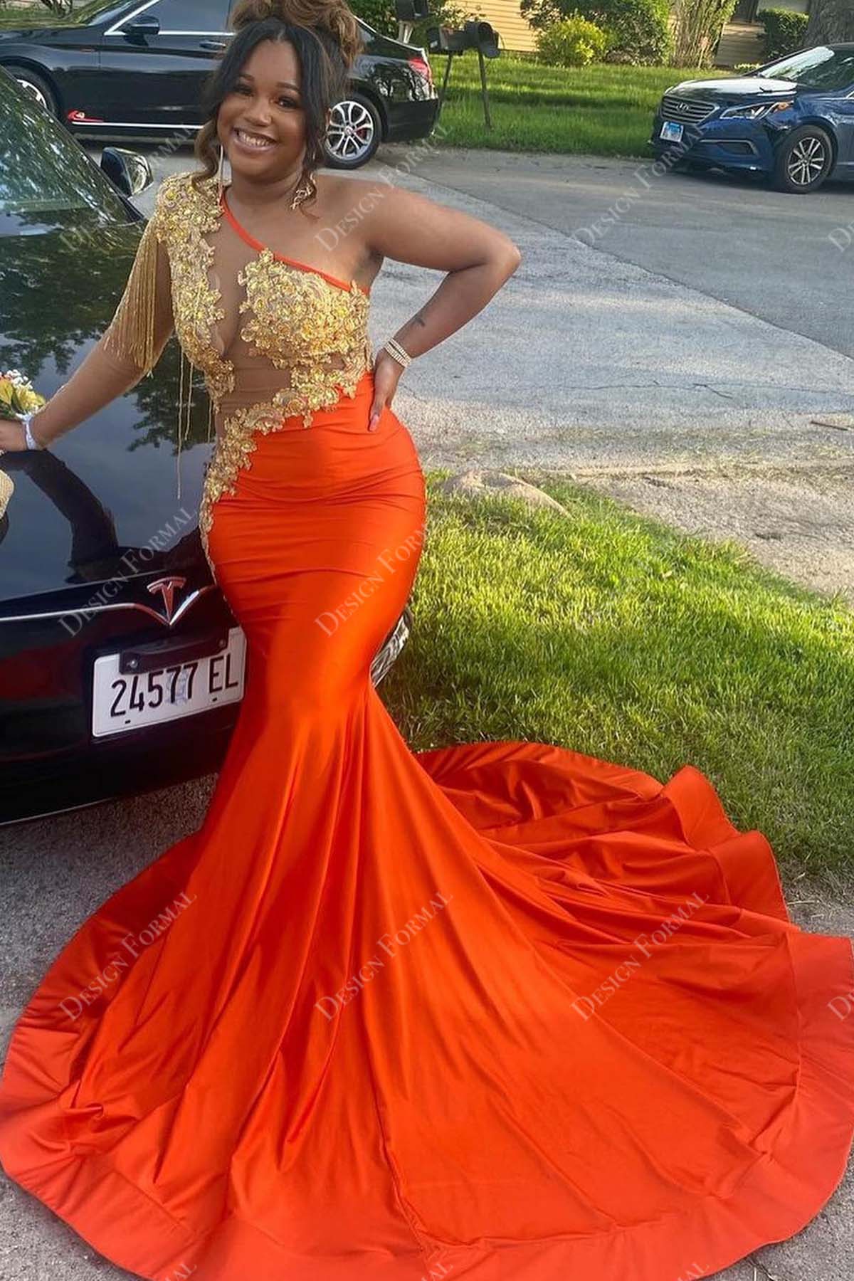 one shoulder illusion beaded appliqued orange satin mermaid prom gown