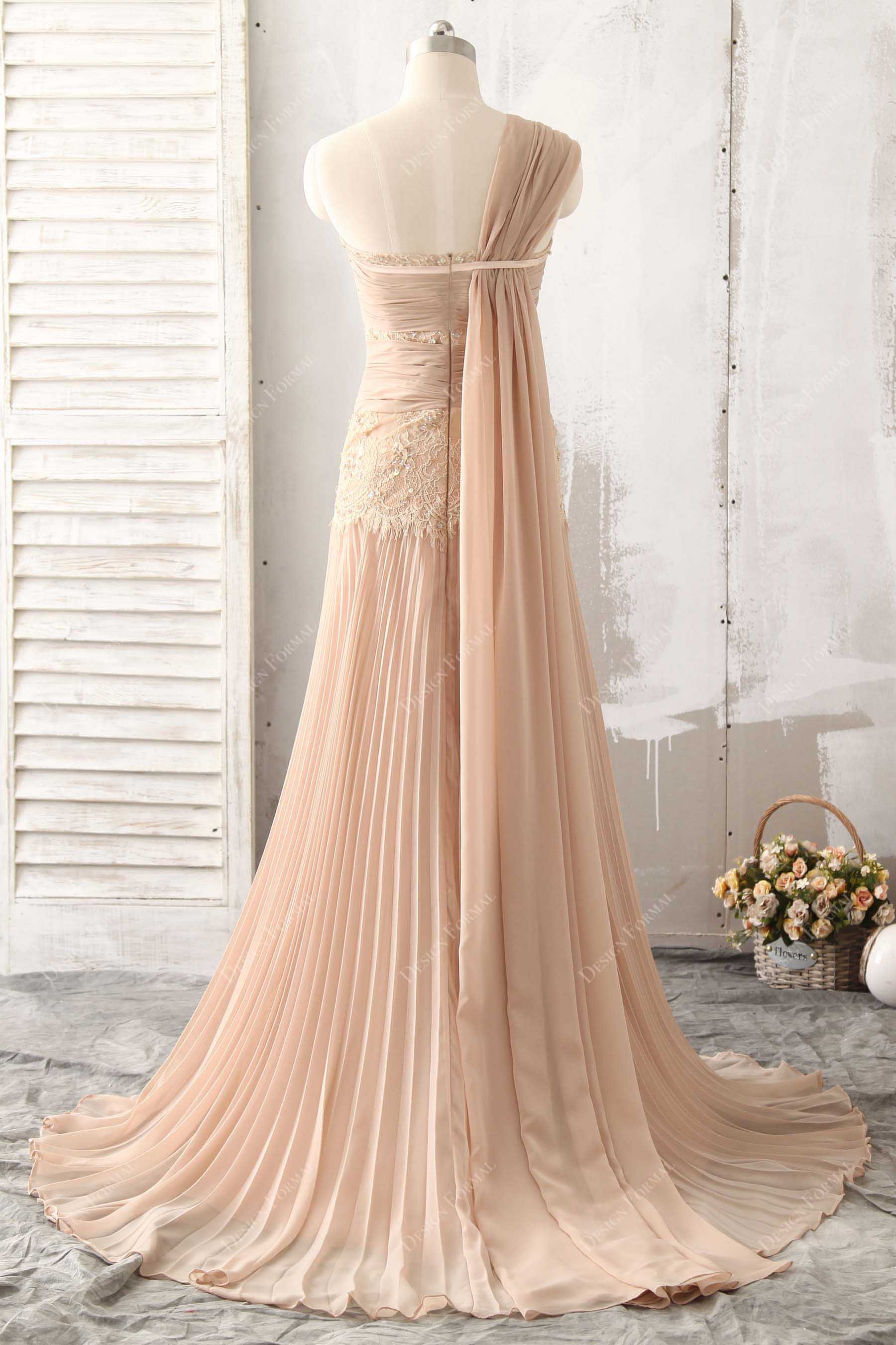 One Shoulder Chiffon Streamer Lace Prom Dress