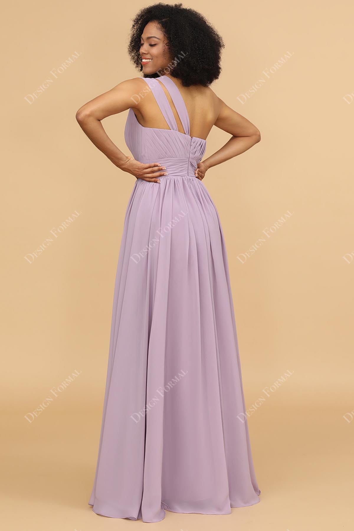 one shoulder floor length lilac chiffon bridesmaid dress
