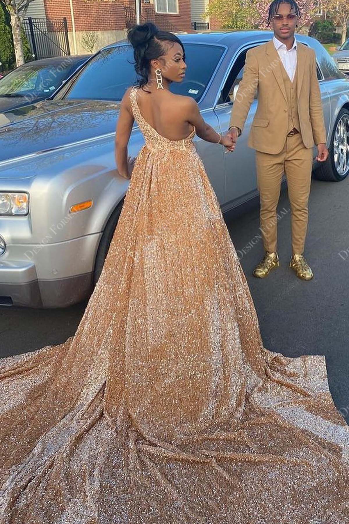 one shoulder glitter champagne gold long train prom dress