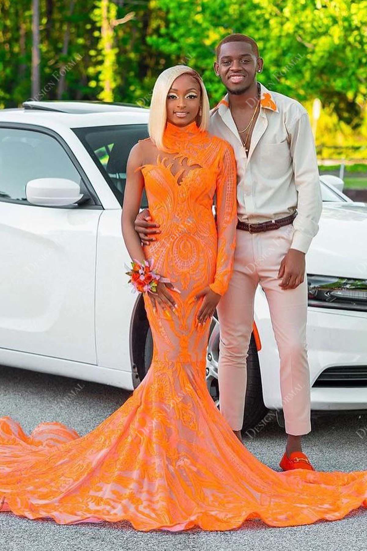 Unique Orange Sequin One-sleeve Mermaid Prom Dress