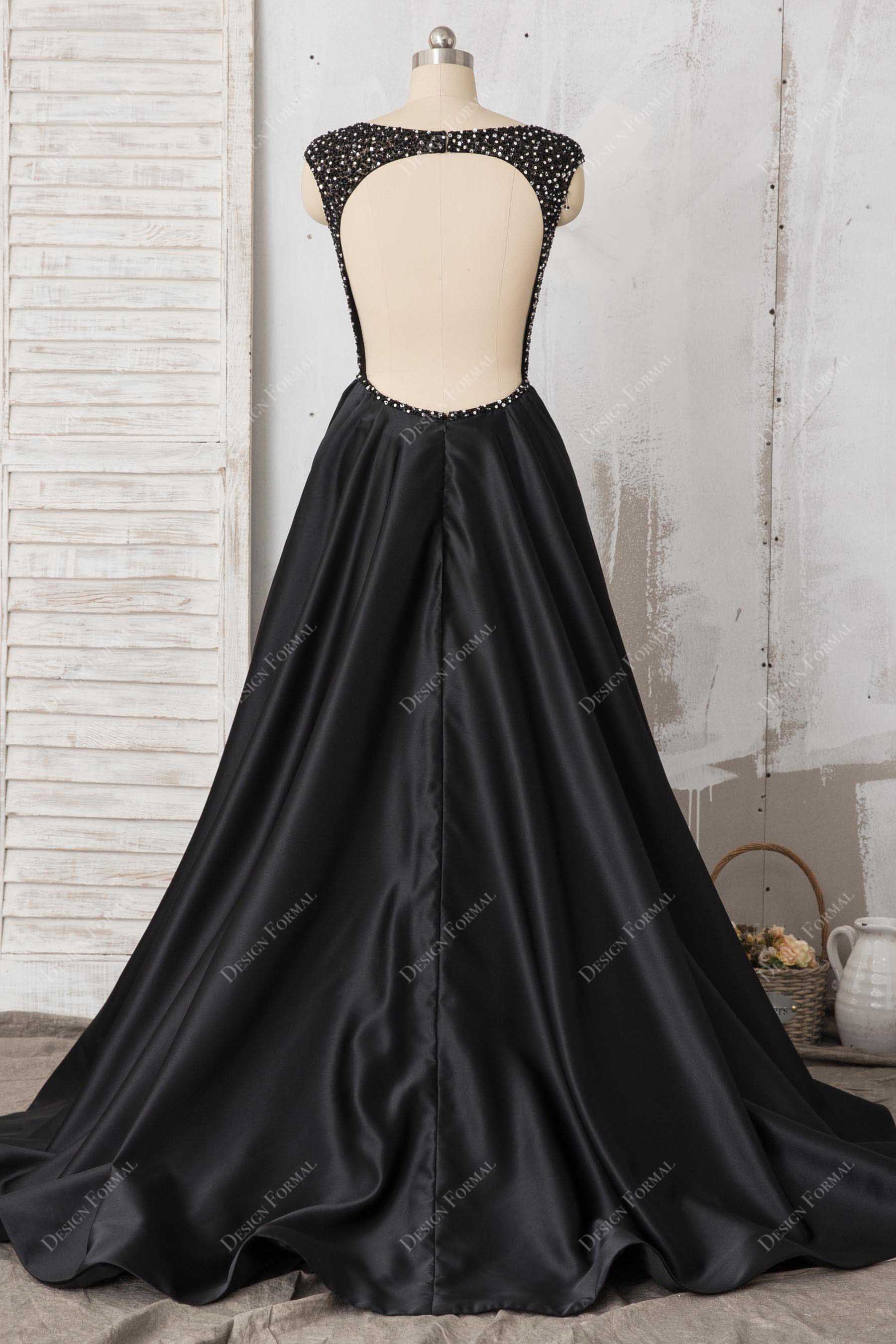 open back beaded satin black prom dress